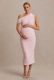 Linnea Blush Pink Asymmetric Neck Maternity Midi Dress
