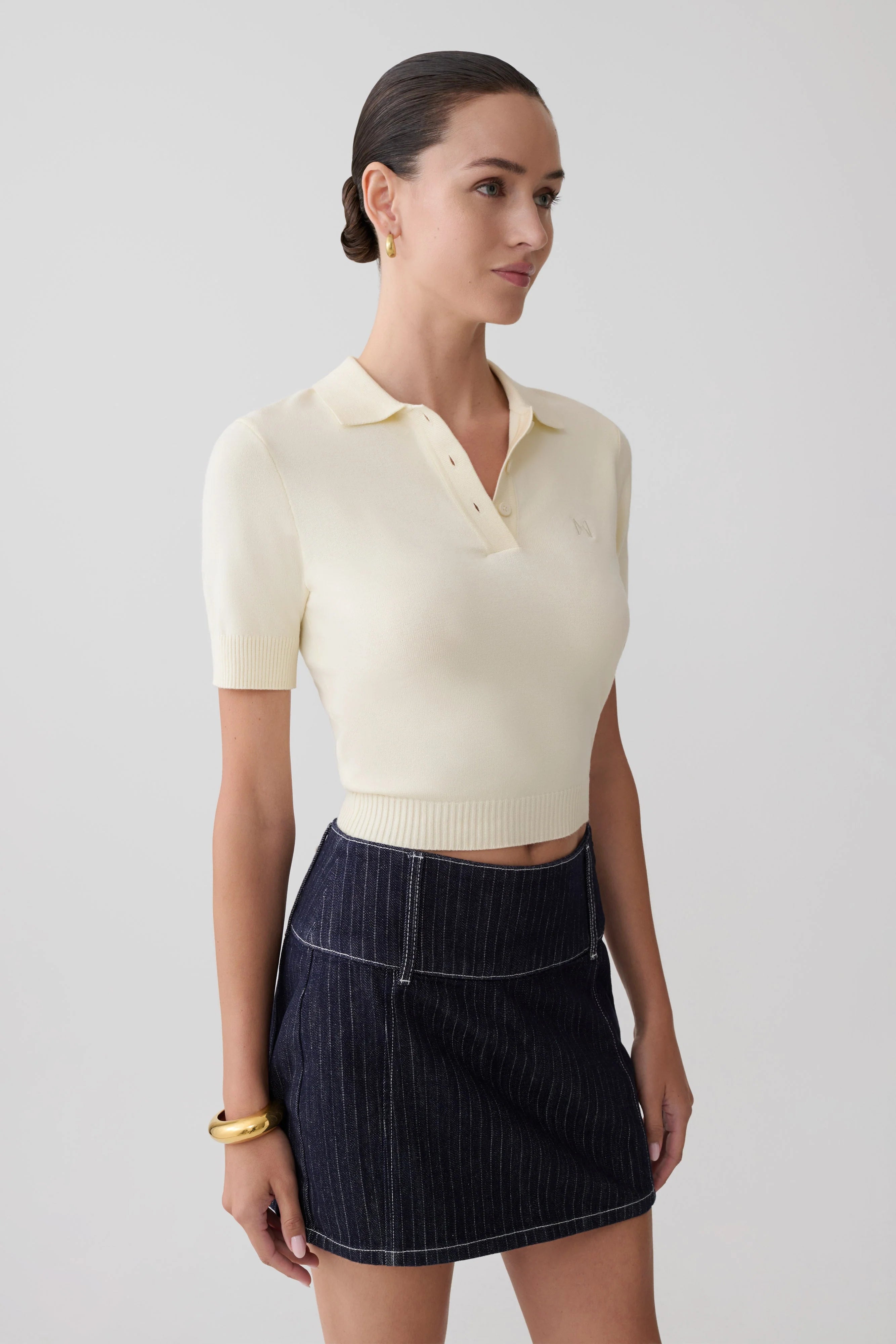 Loraine Mid Rise Denim Mini Skirt Indigo Pinstripe