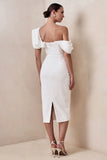 Farvera White Lace Draped Asymmetric Neck Midi Dress