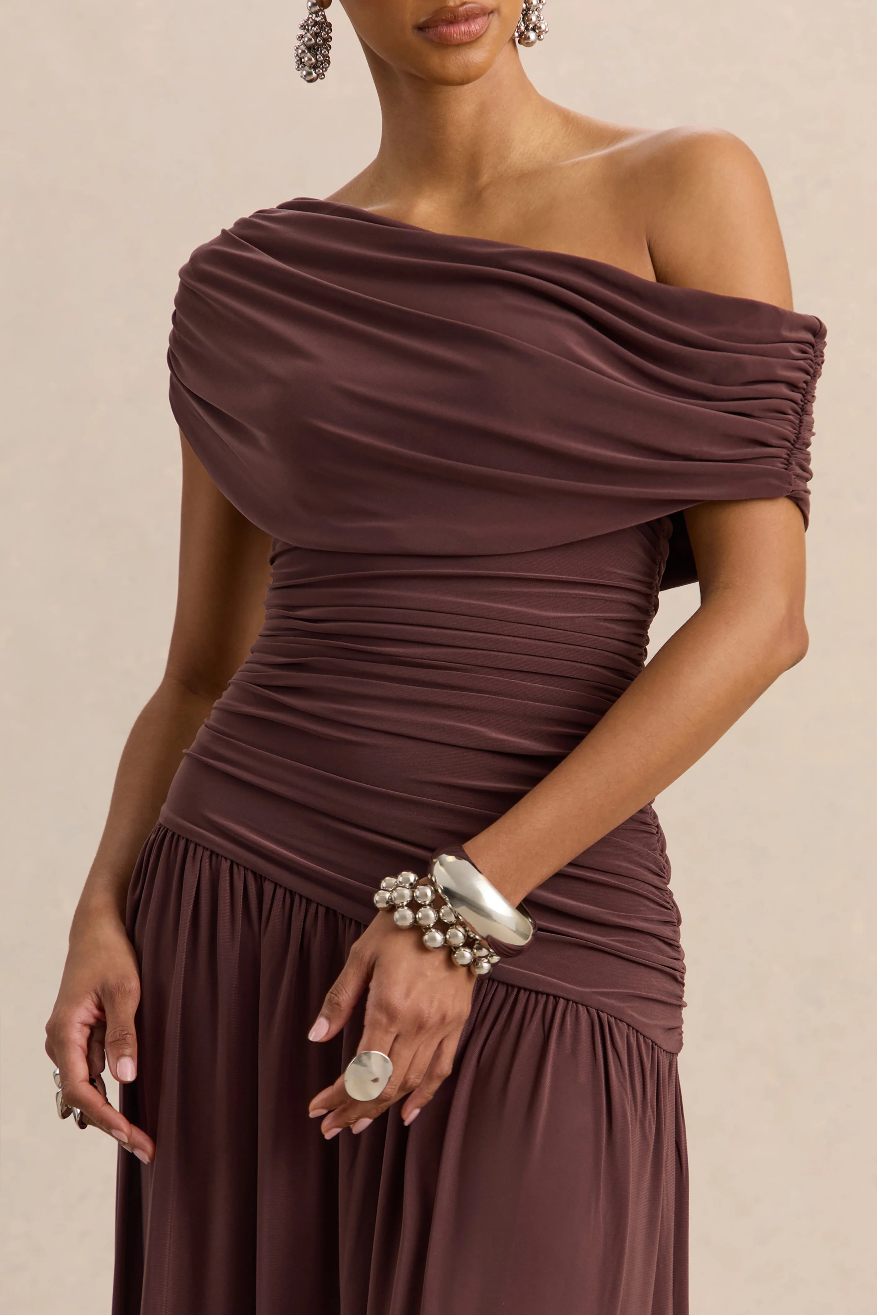 Emberly Brown Draped Asymmetric Neck Maxi Dress With Drop Waist