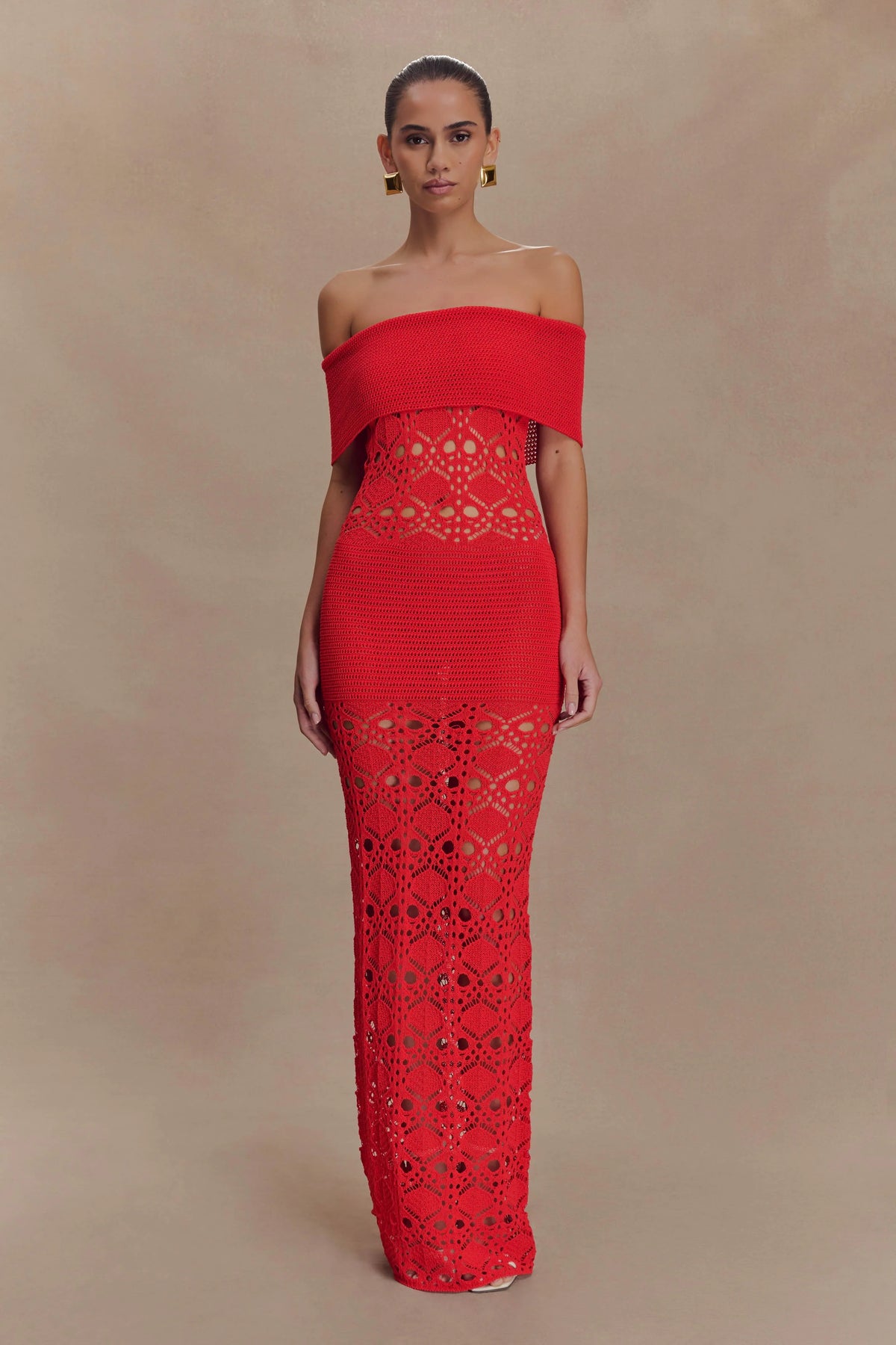 Solstice Off Shoulder Crochet Knit Maxi Dress Blood Orange