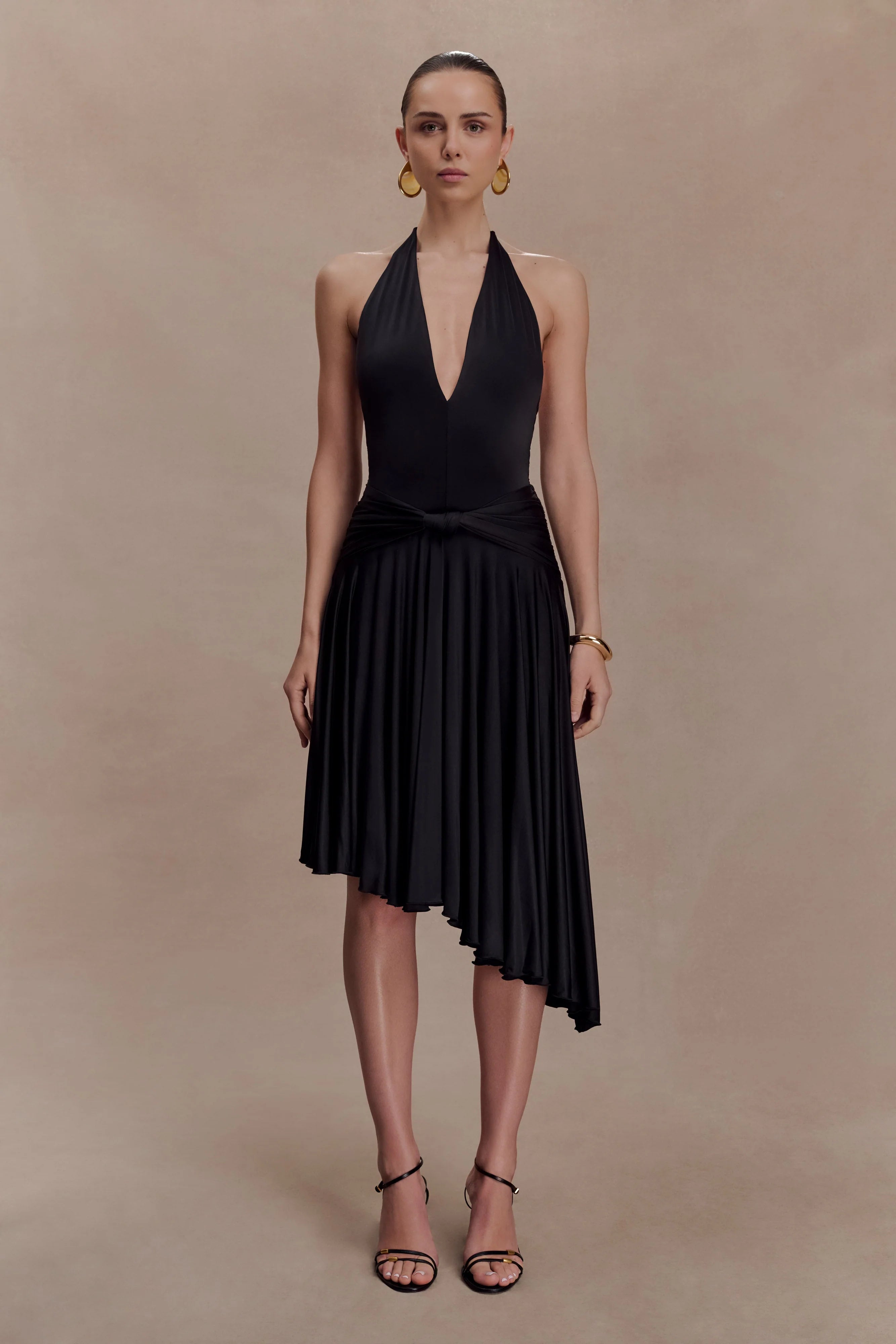 Zelda Asymmetric Slinky Midi Dress Black