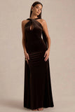 Layli Brown Velvet Halter Neck Maxi Dress With Cape