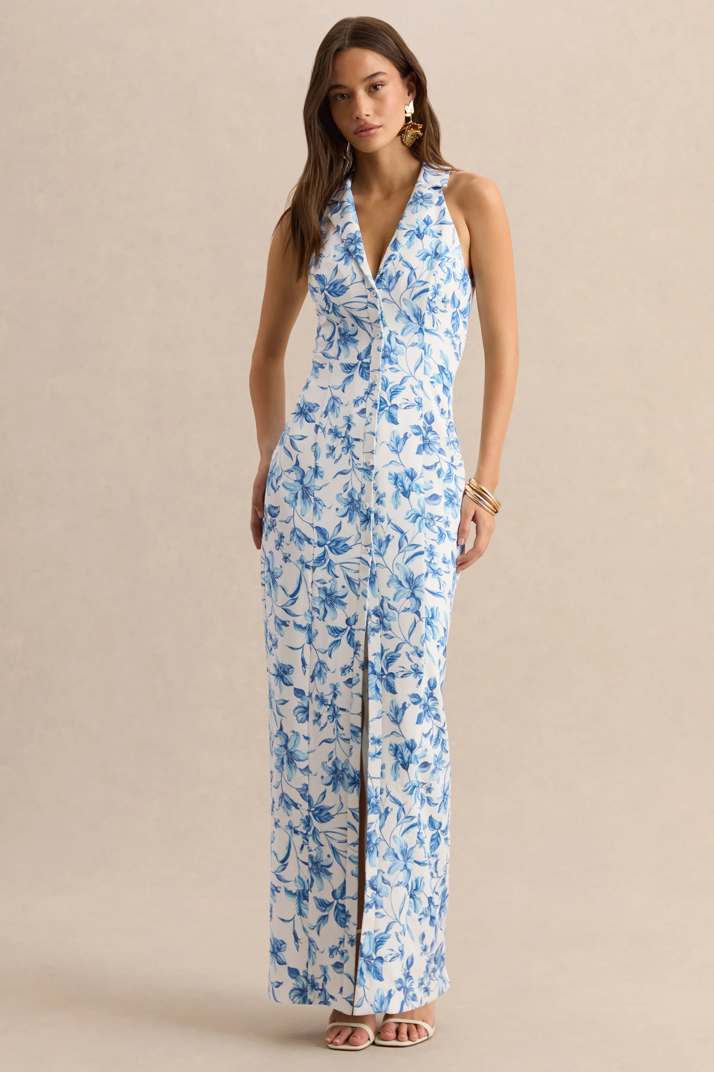 Quinn Blue Porcelain Print Plunge Neck Tailored Maxi Dress