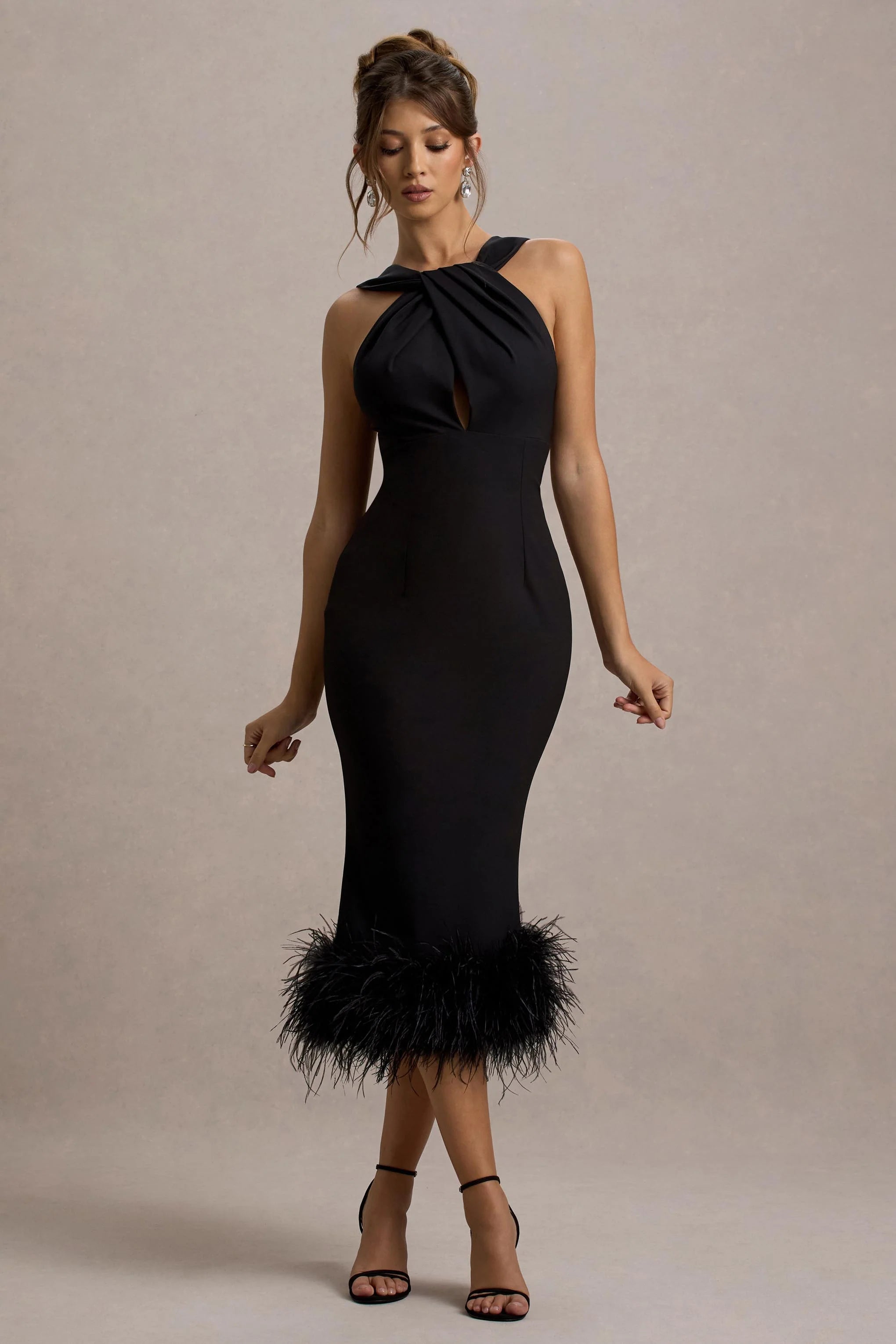 Titania Black Twist Neck Feather Hem Midi Dress