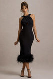 Titania Black Twist Neck Feather Hem Midi Dress