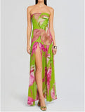 Women Tube Top Dress Tiger Stripe Mesh Patchwork Maxi Dress Strapless Sexy High Slit Long Dresses Beach Vacation