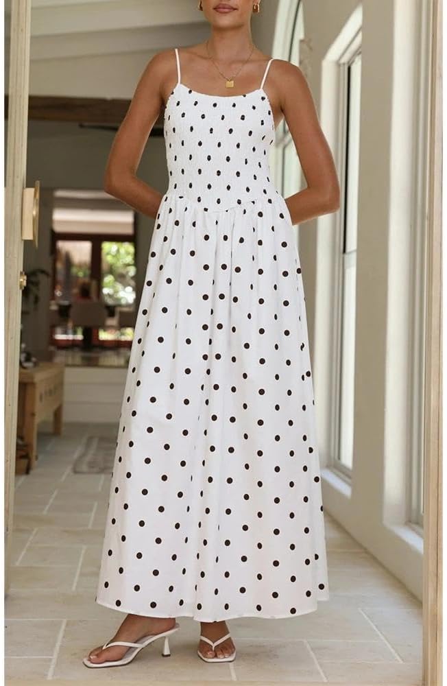 Women Polka Dot Maxi Dress Smocked Spaghetti Strap Flowy Sundress Summer Beach Vacation