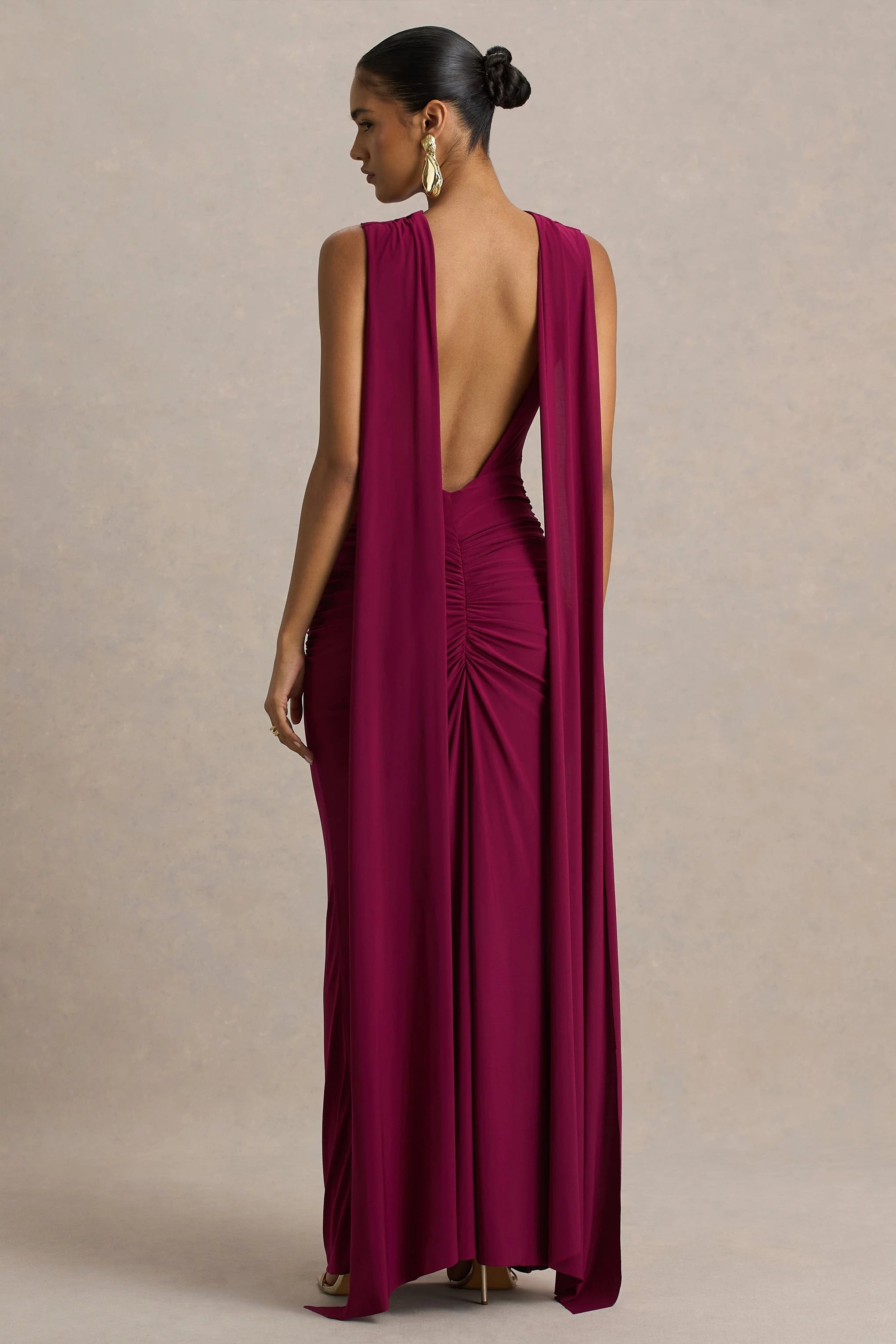Premiere Burgundy Boat Neck Maxi Dress With Open Back And Cape Sleeves