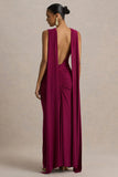 Premiere Burgundy Boat Neck Maxi Dress With Open Back And Cape Sleeves