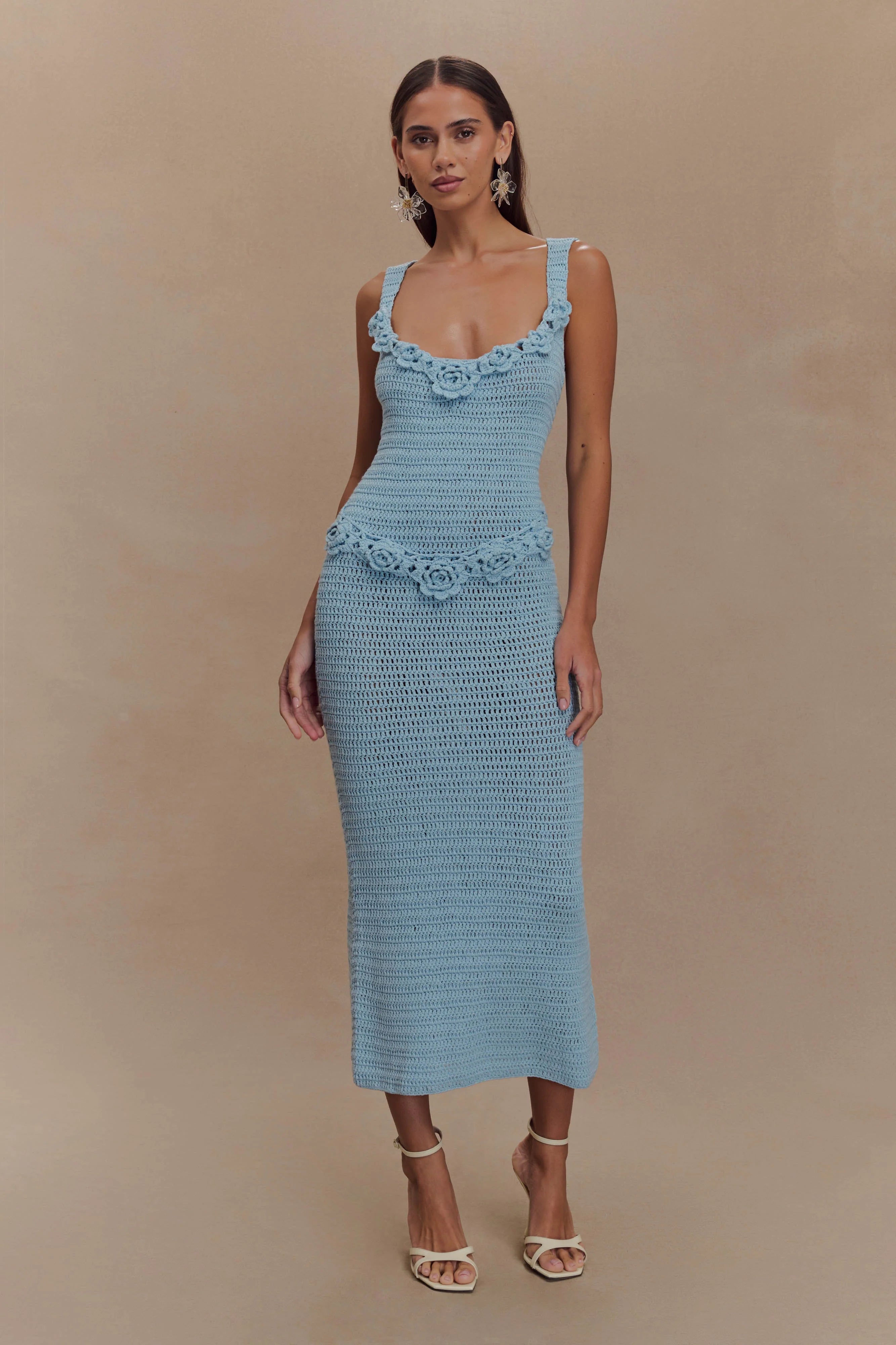 Teagan Floral Hand Crochet Midi Dress Blue