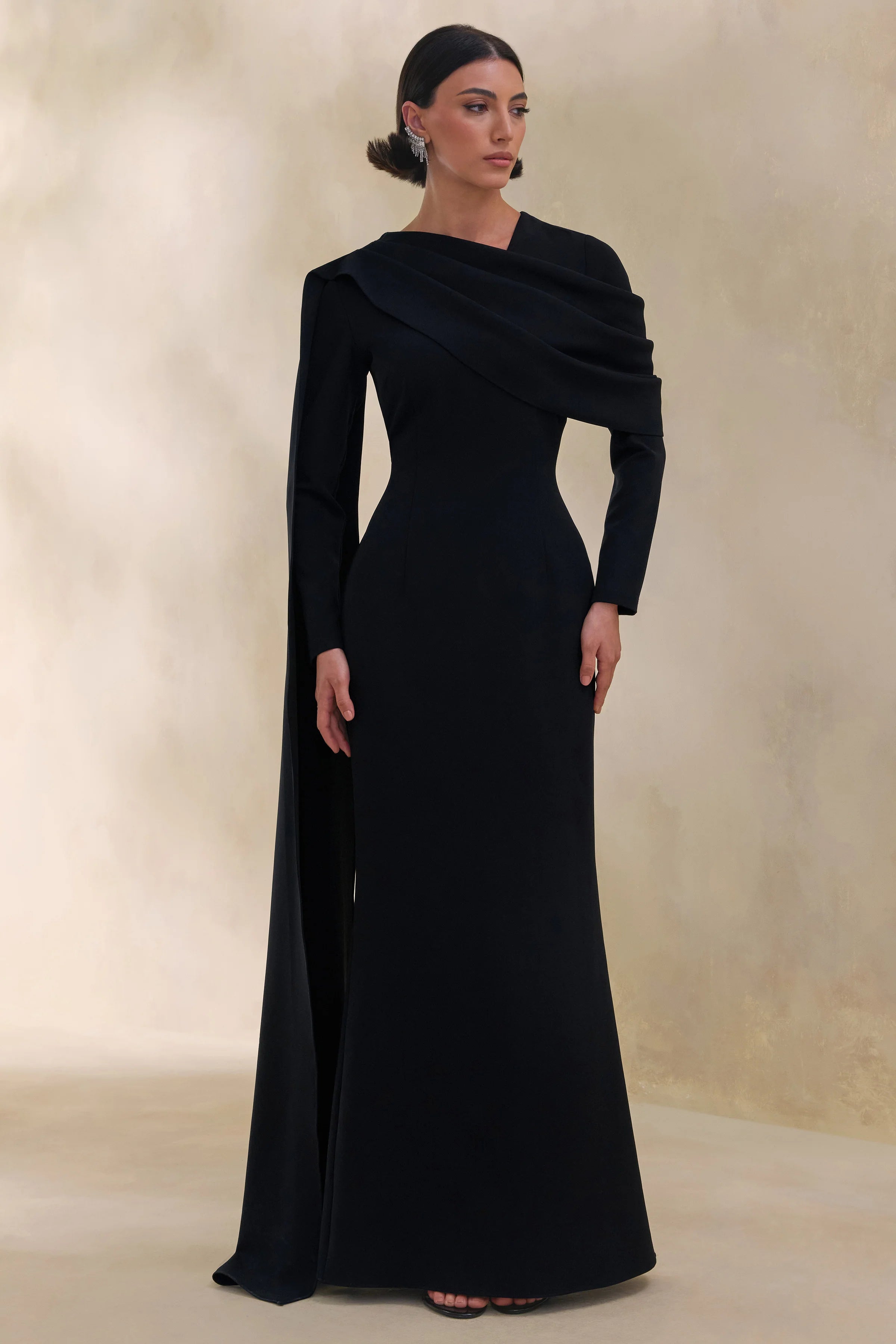 Heliora Black V Neck Maxi Dress With Sash And Draped Detail