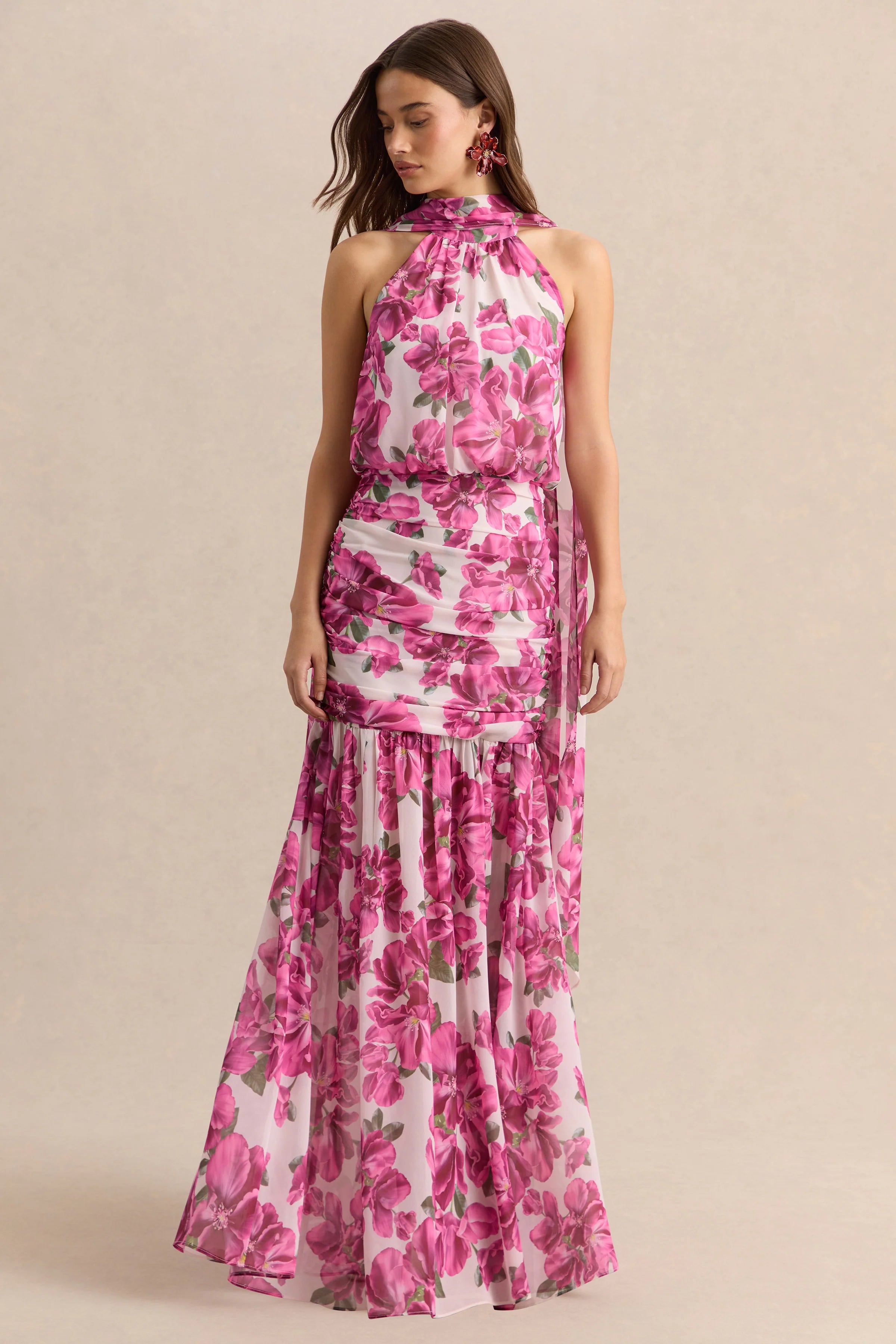Veronique Pink Hibiscus Floral Halter Neck Maxi Dress