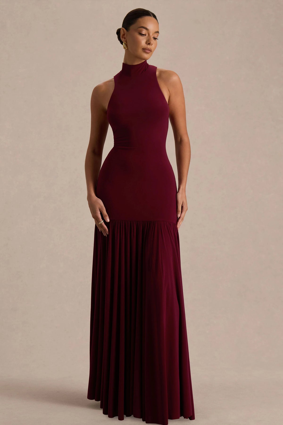 Tasmin Burgundy High Neck Maxi Dress With Drop Waist