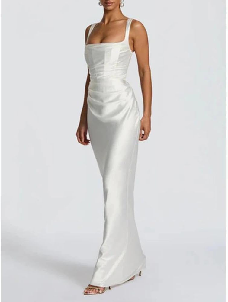 Women Wedding Guest Dress Satin Corset Top Elegant Maxi Dresses with Sheer Scarf Evening Gown