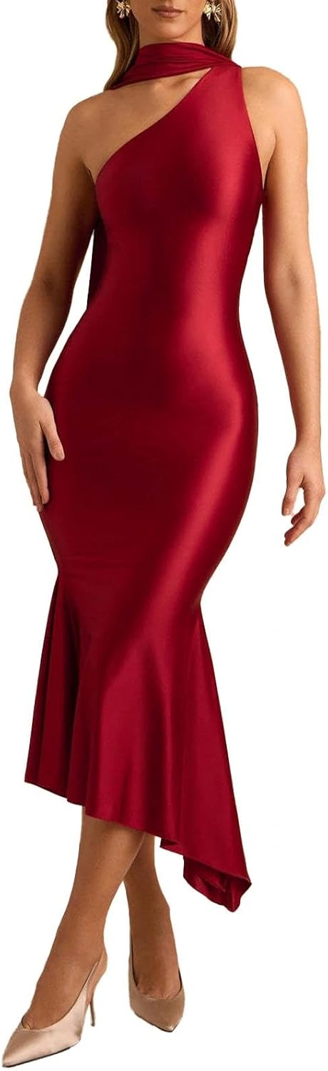 Women Formal Satin Dress One Shoulder Asymmetrical Scarf Mermaid Hem Midi Dress Cocktail Prom Gown