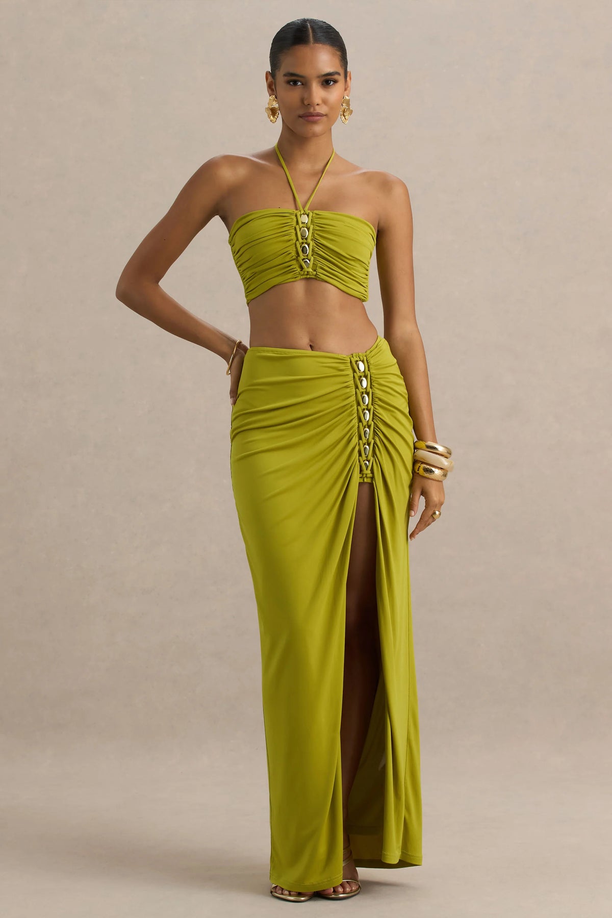 Coastline Green Ruched Maxi Skirt With Split