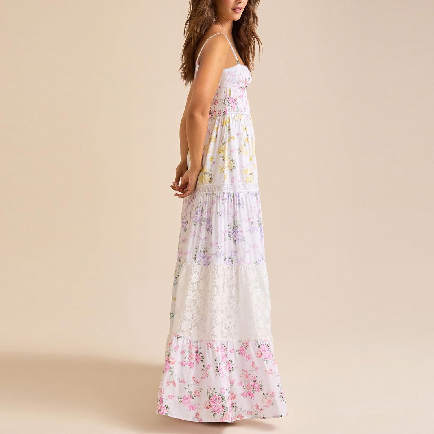 Women Floral Maxi Dress Smocked Spaghetti Strap Lace Patchwork Tiered Boho Long Dress Vacation Garden Party