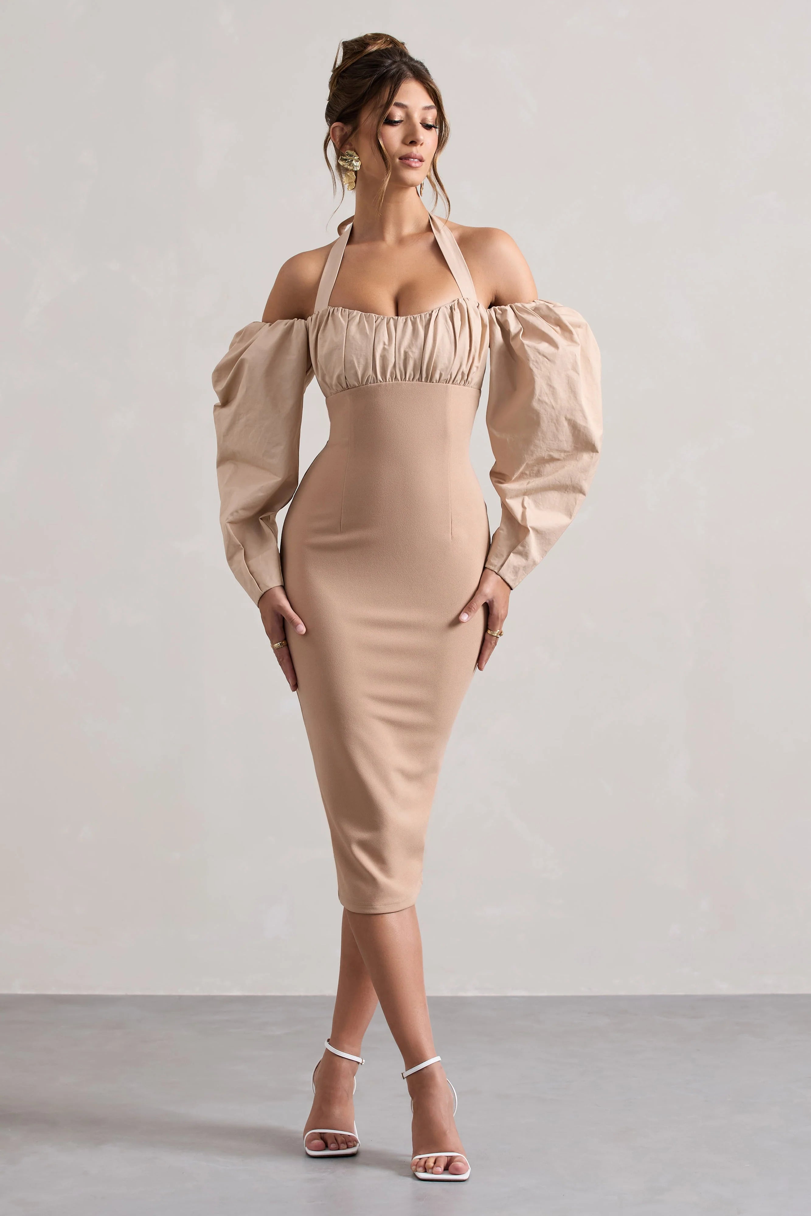 Couture Client Champagne Halter Neck Puff Sleeve Midi Dress