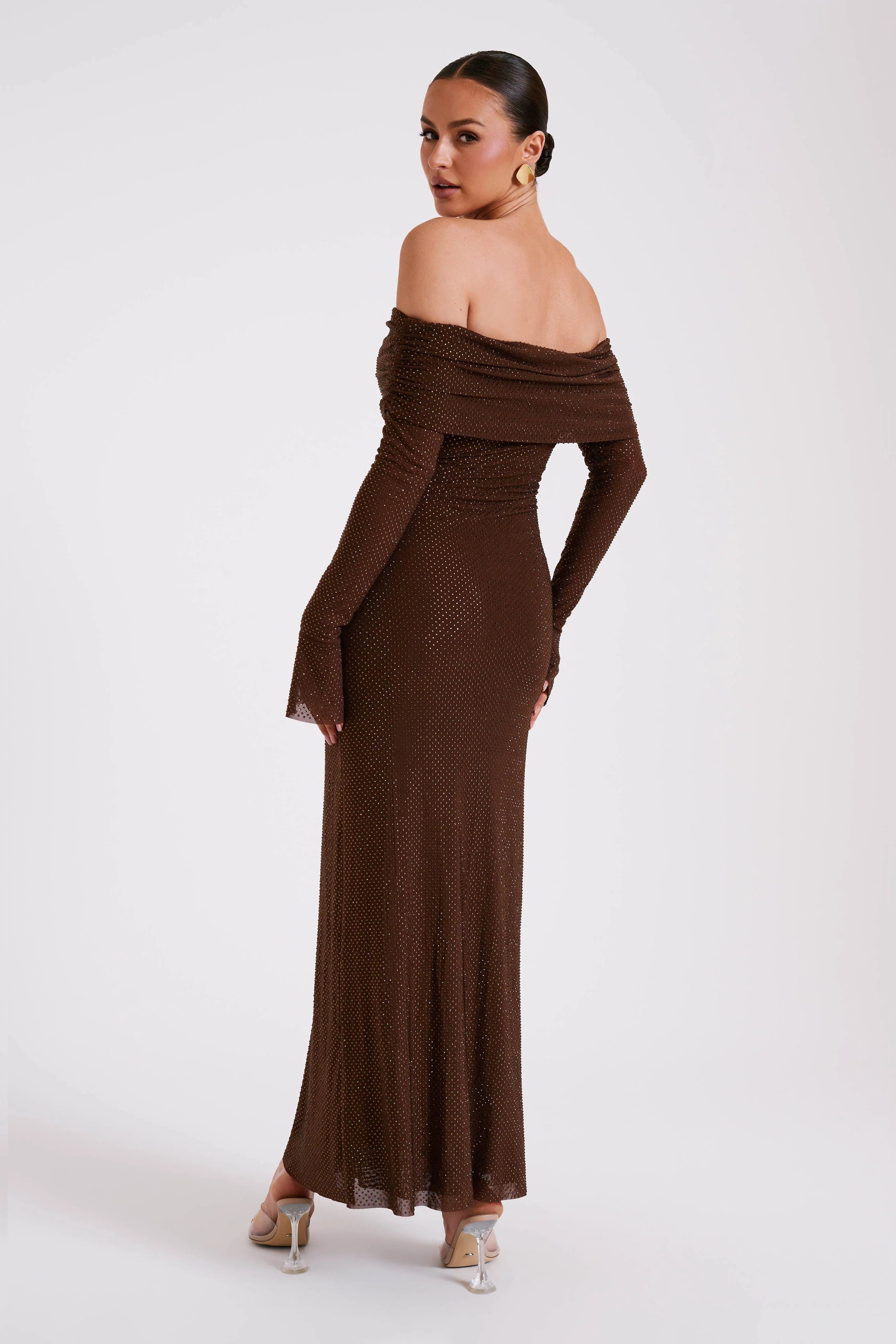 Marcel Off Shoulder Diamante Maxi Dress Chocolate