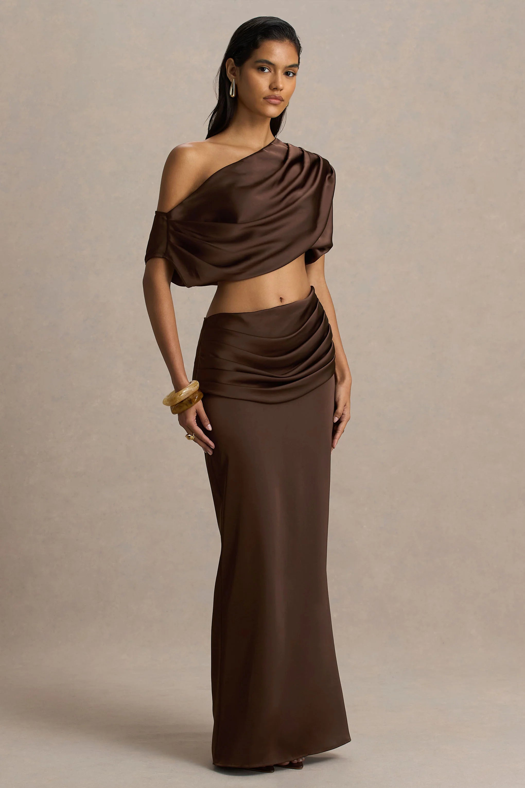 Megan Brown Satin Wrap Maxi Skirt With Gathered Detailing