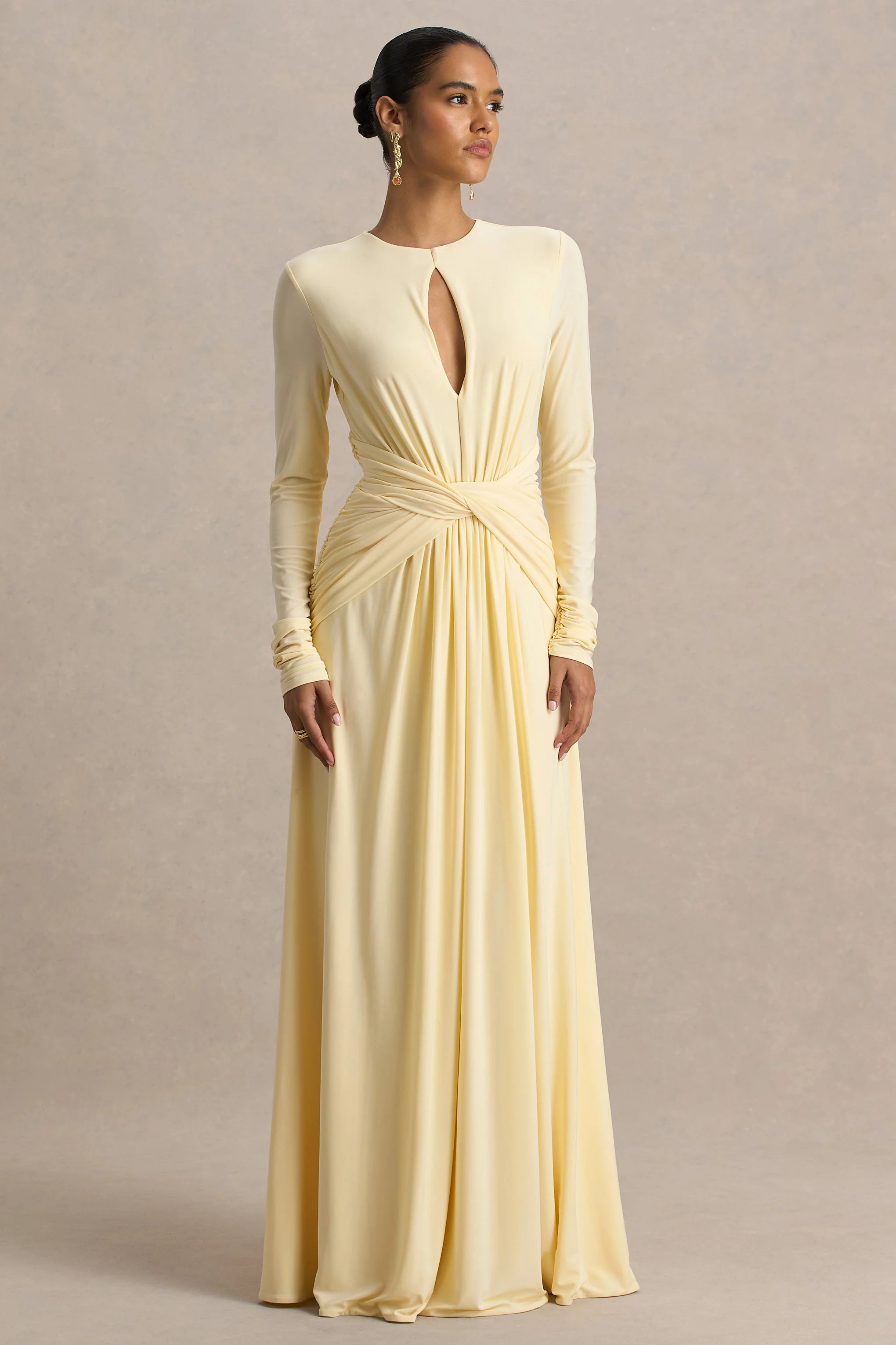 With Me Lemon High Neck Maxi Dress With Ruched Detailing