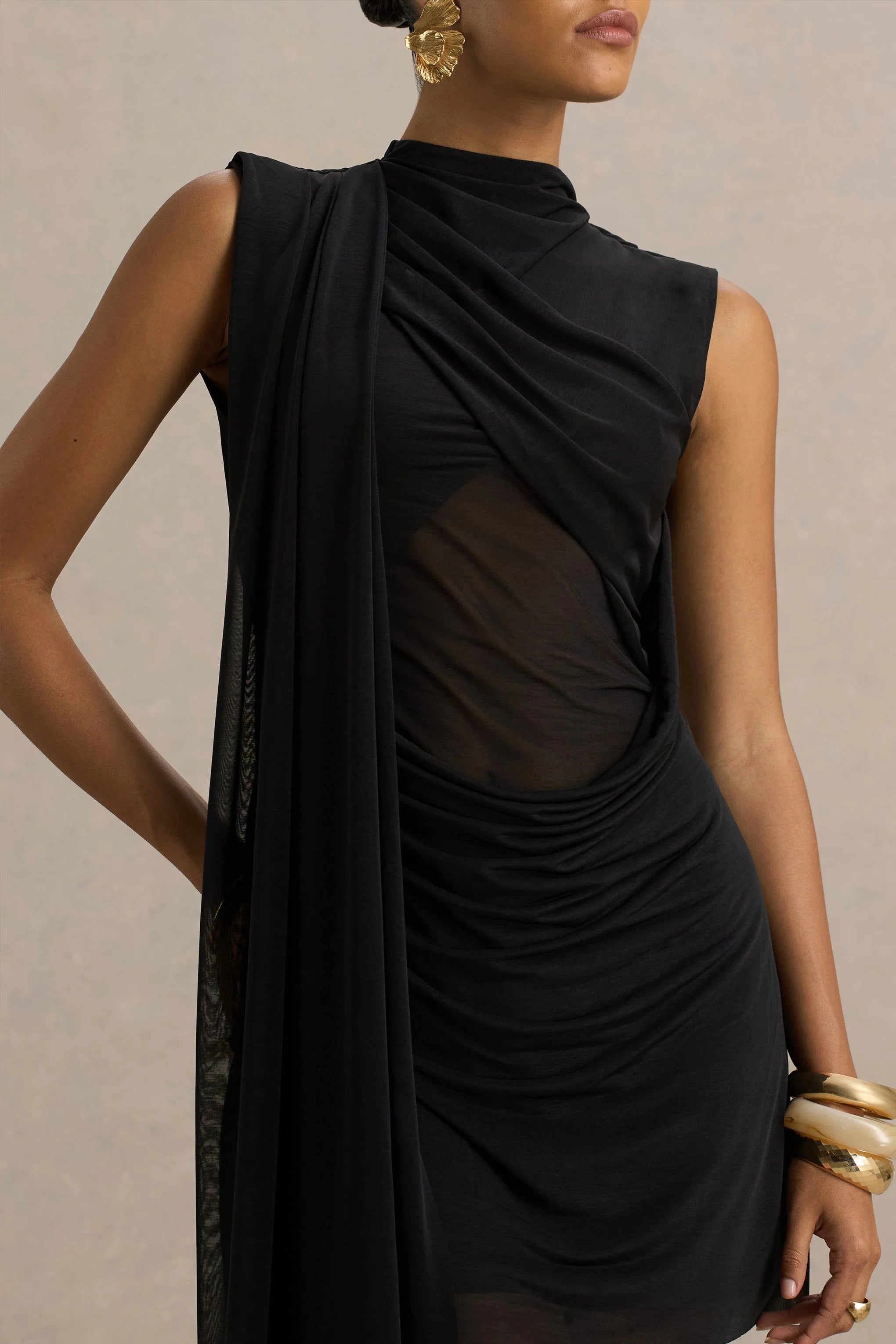 Riad Black Chiffon Mini Dress With Sheer Bodice Two Sleeve Cape
