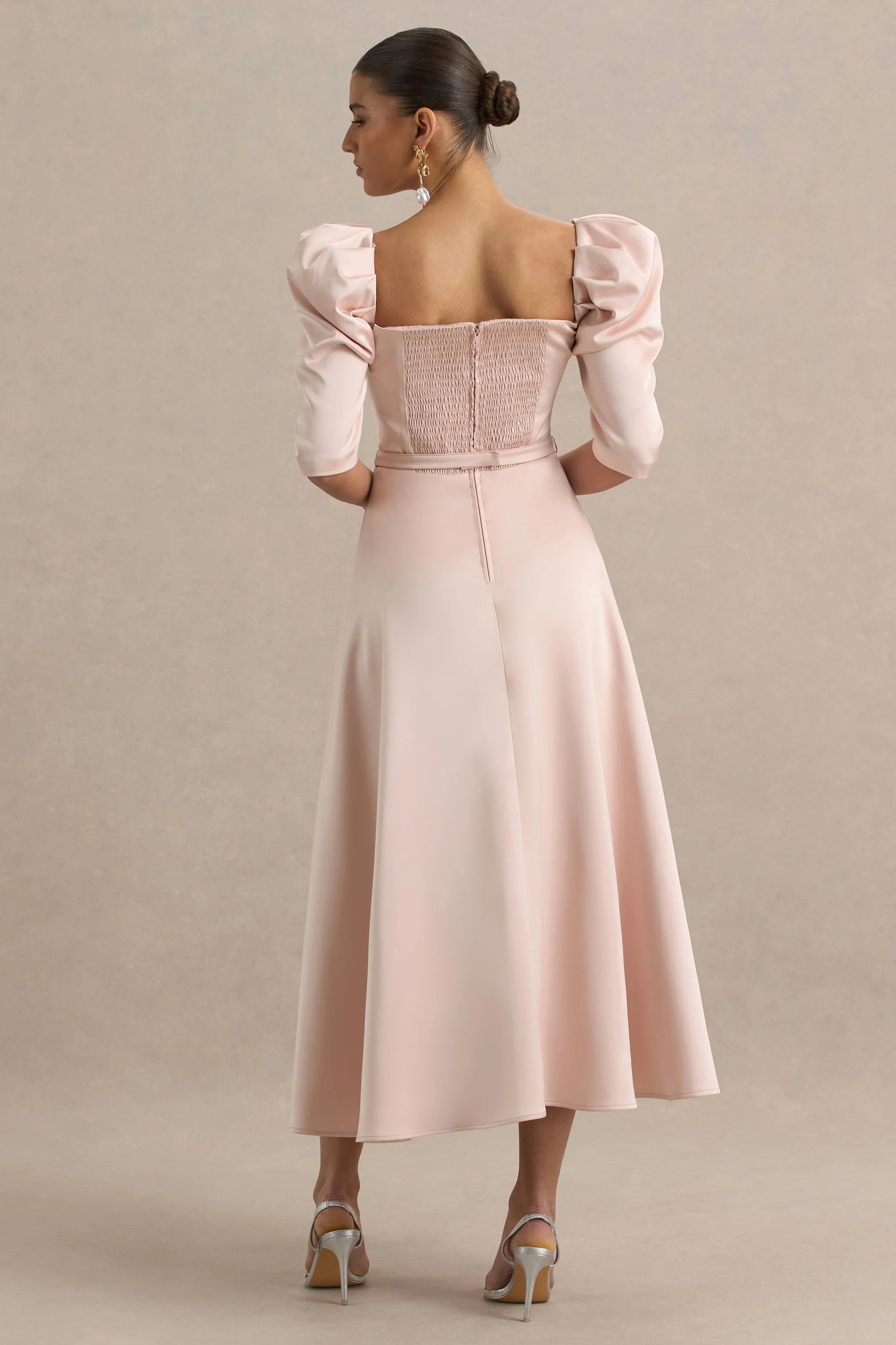 Rosey Pale Pink Satin Sweetheart Midi Dress