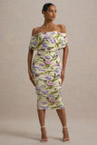 Rayleigh Tulip Floral Print Bardot Ruched Midi Dress