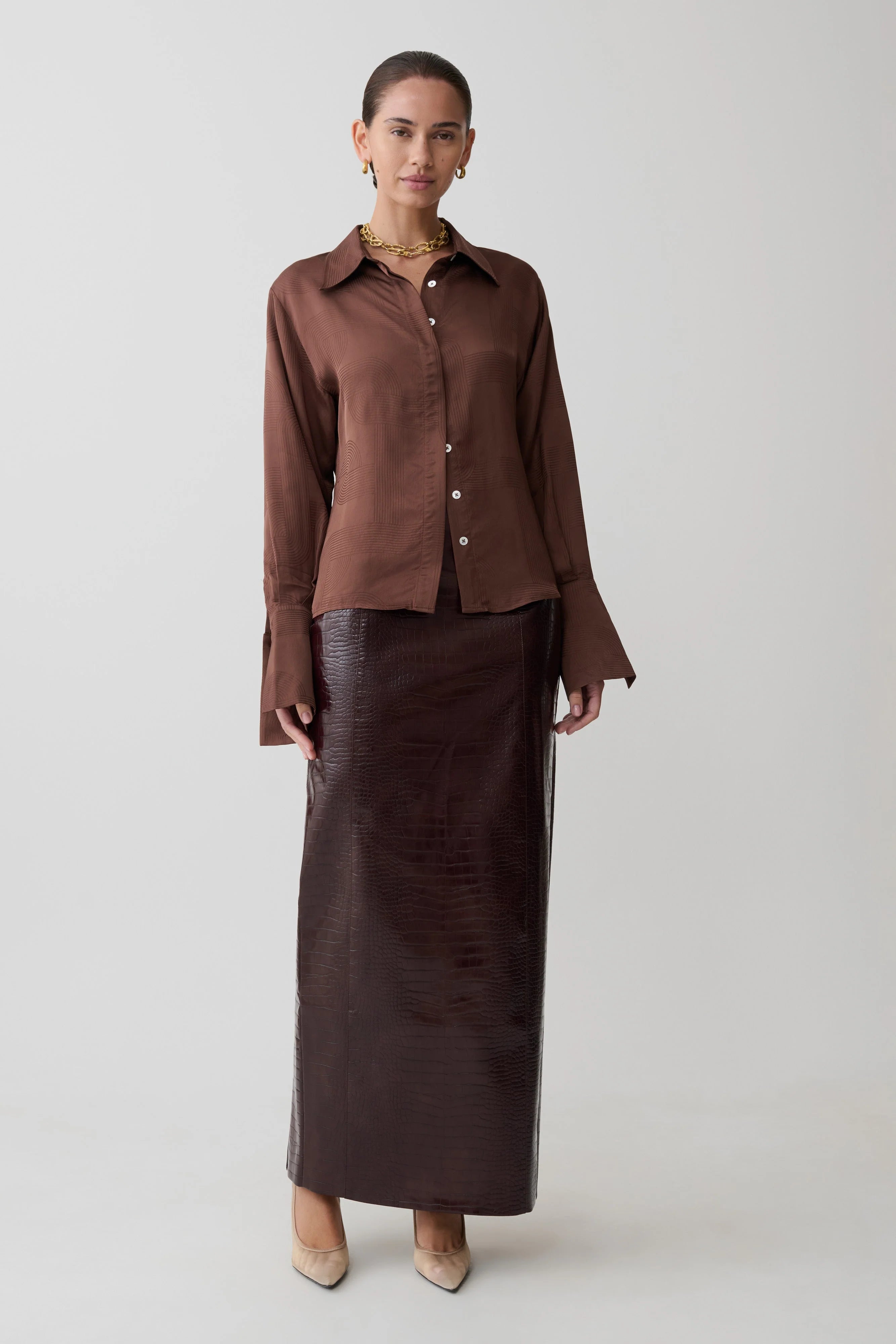 Gia Long Sleeve Satin Shirt Chocolate