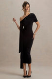 Praia Black Asymmetric Neck Maxi Dress With Sash and Draped Detailing