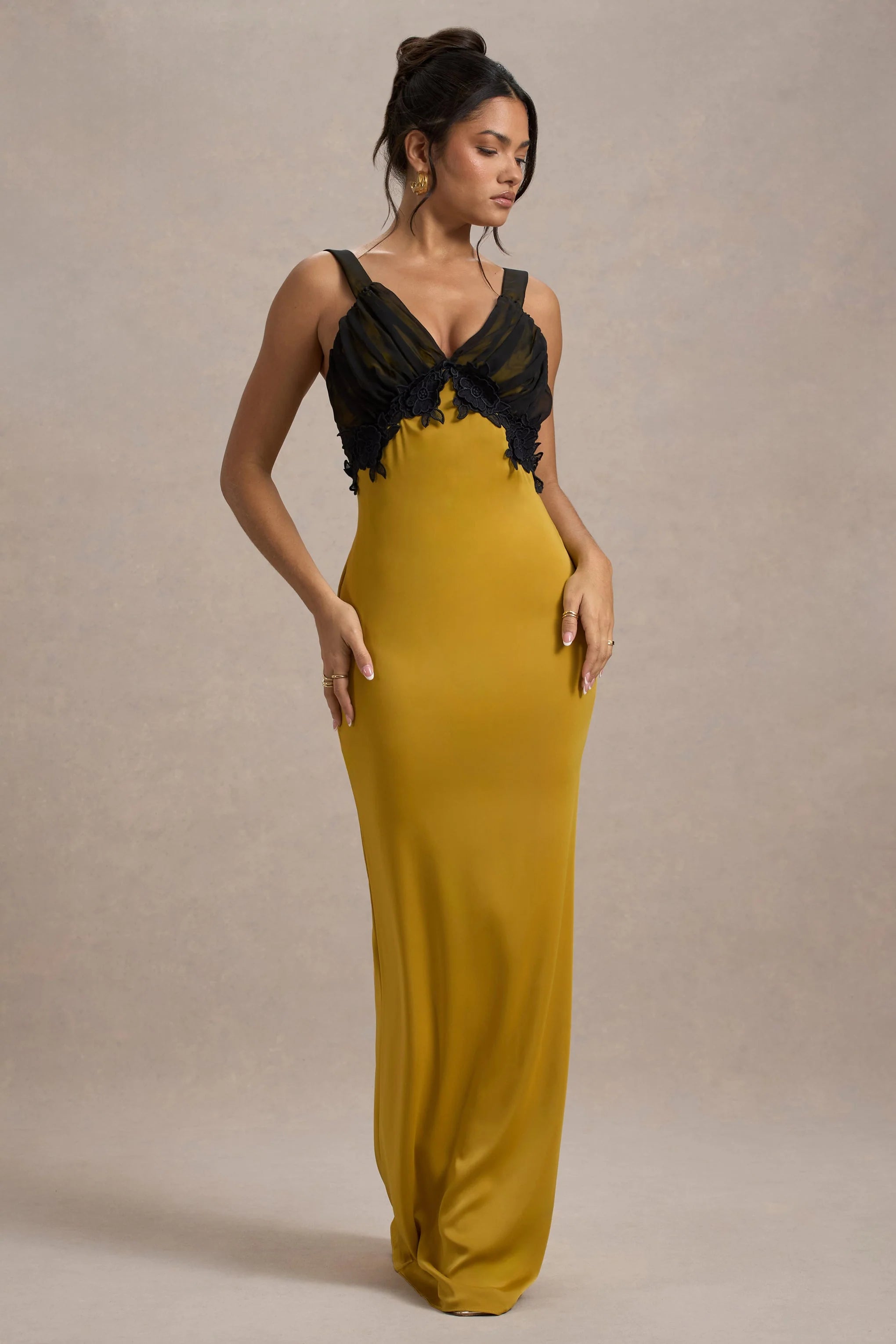 Sahara Mustard Satin V Neck Maxi Dress With Black Lace Trim