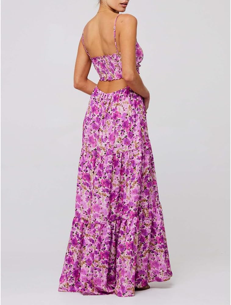 Women Floral Maxi Dress Tie Front Cut Out Backless Boho Spaghetti Strap Summer Beach Sundress