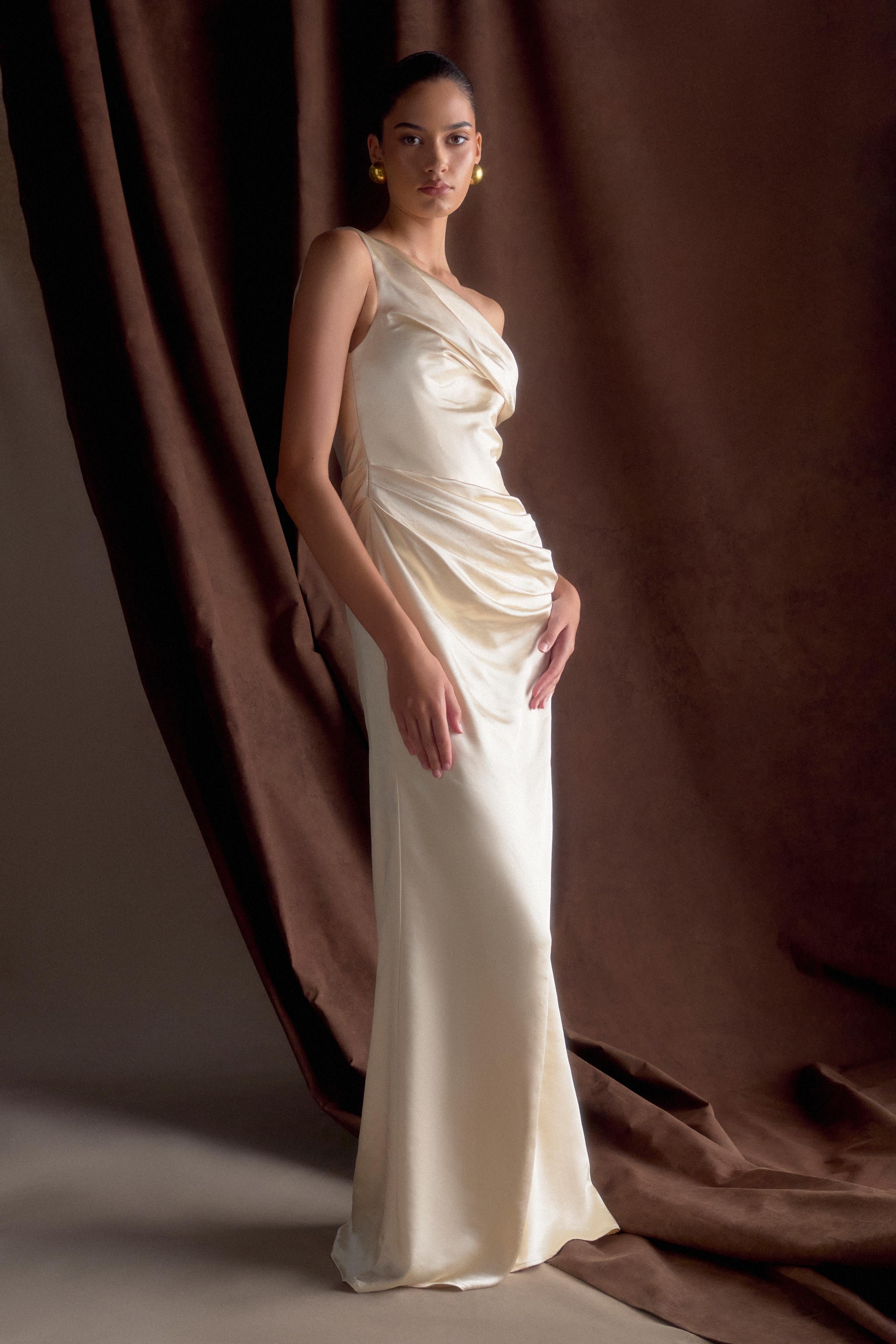Dalia Off Shoulder Satin Maxi Dress Blush Gold