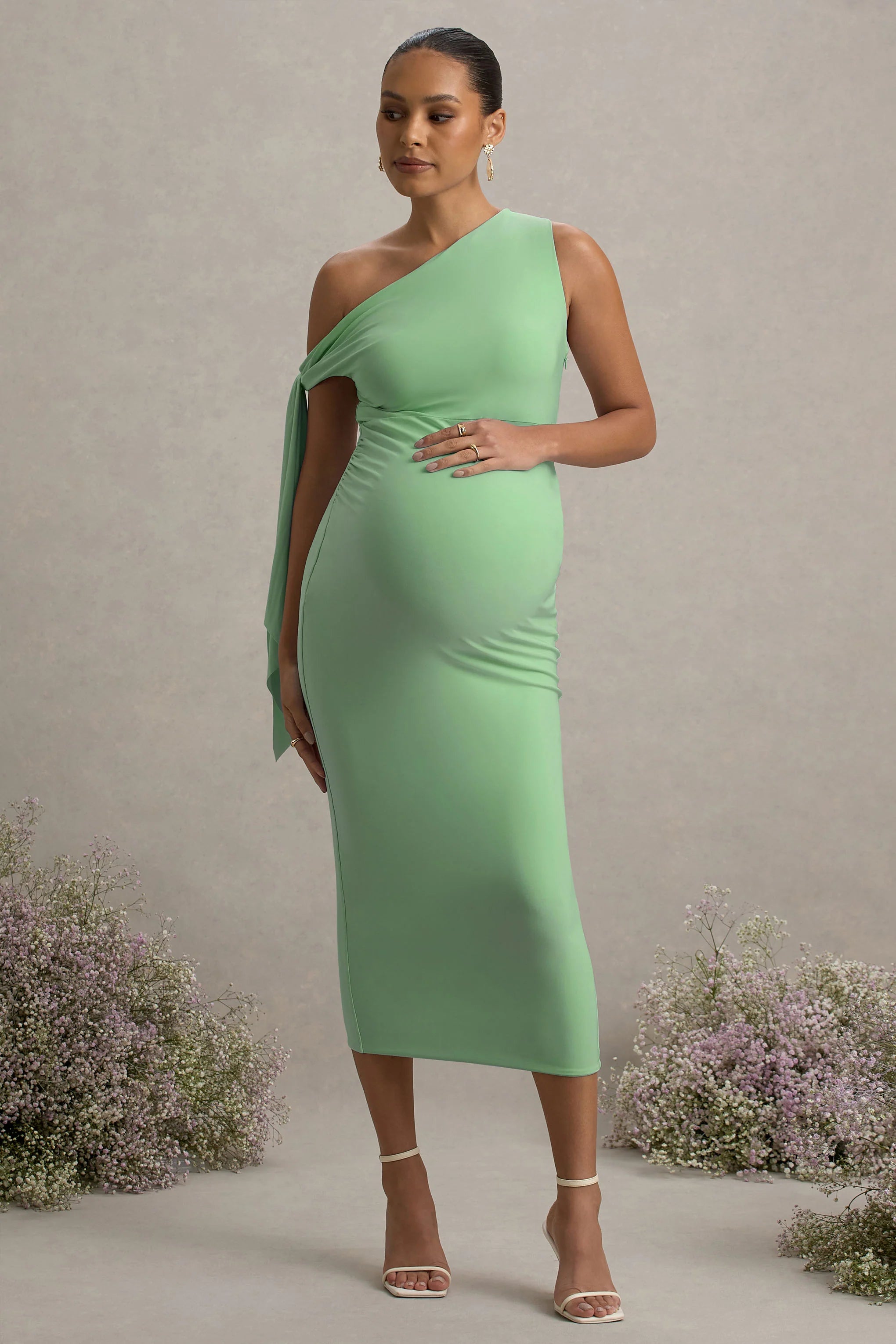 Katarine Light Green Asymmetric Knot Maternity Midi Dress
