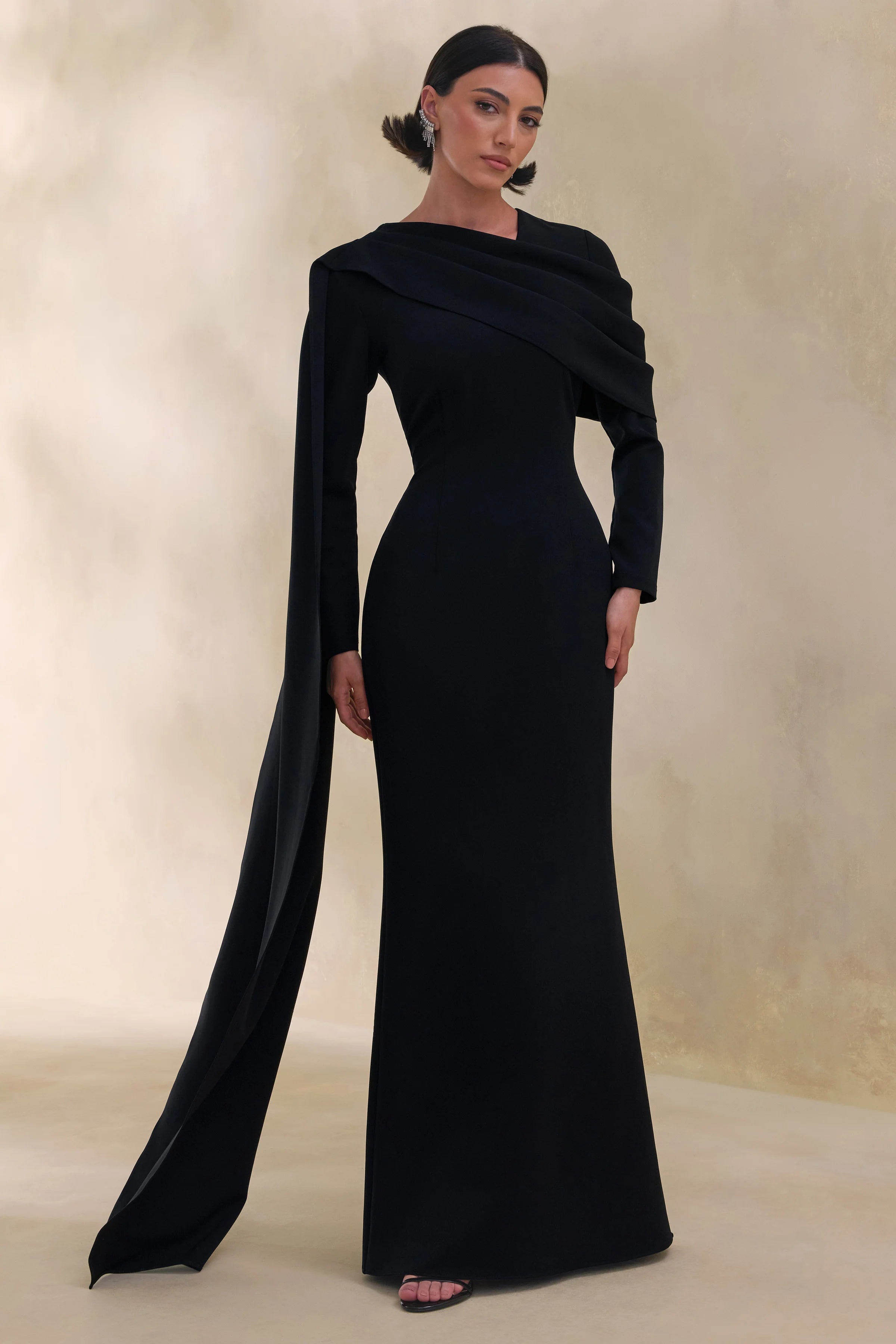 Heliora Black V Neck Maxi Dress With Sash And Draped Detail