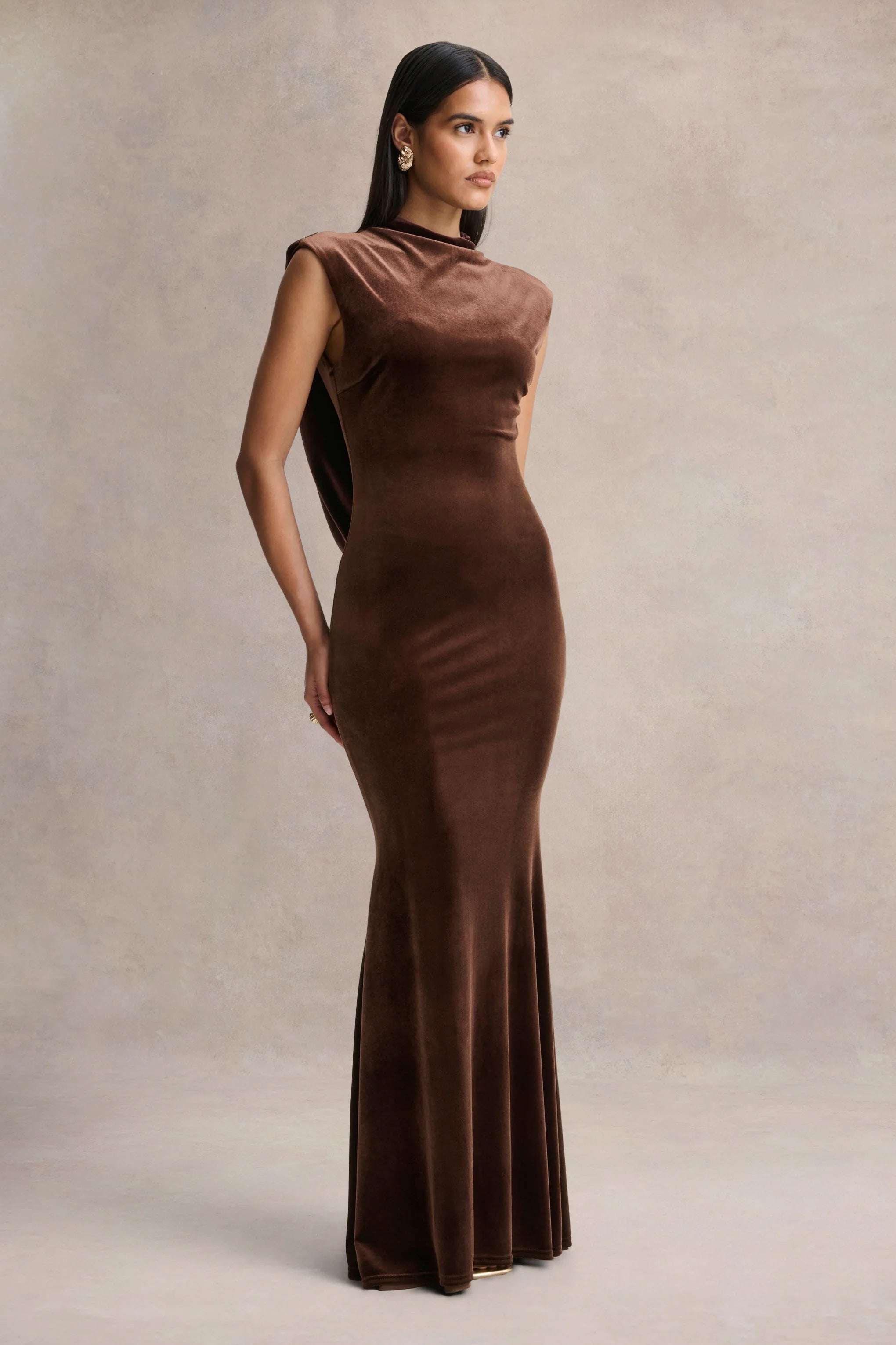 Malora Brown Velvet High Neck Maxi Dress With Open Back