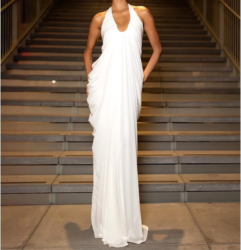 Women White Dress Halter Deep V Neck Cascade Drape Floor Length Gown Wedding Guest Beach Vacation