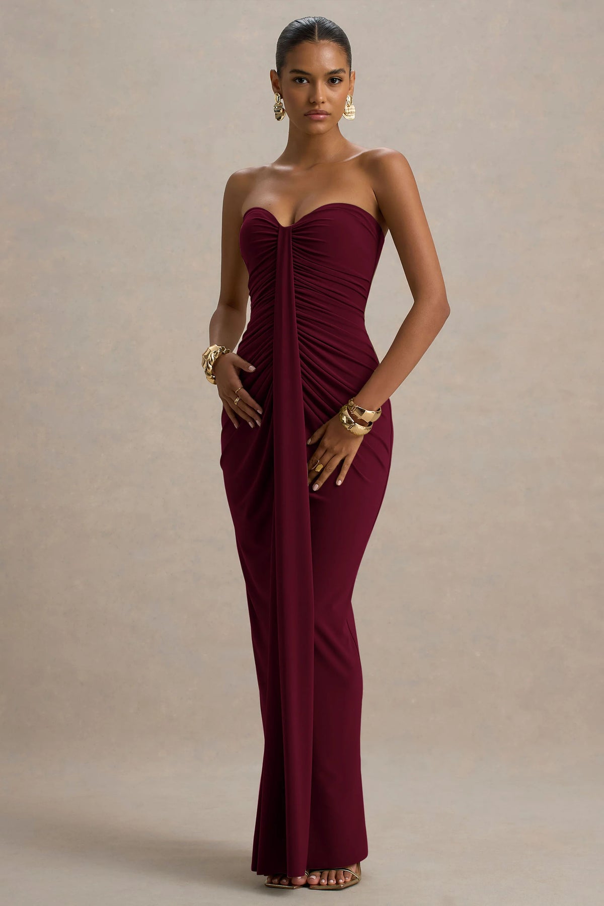 Ali Burgundy Sweetheart Ruched Wrap Maxi Dress
