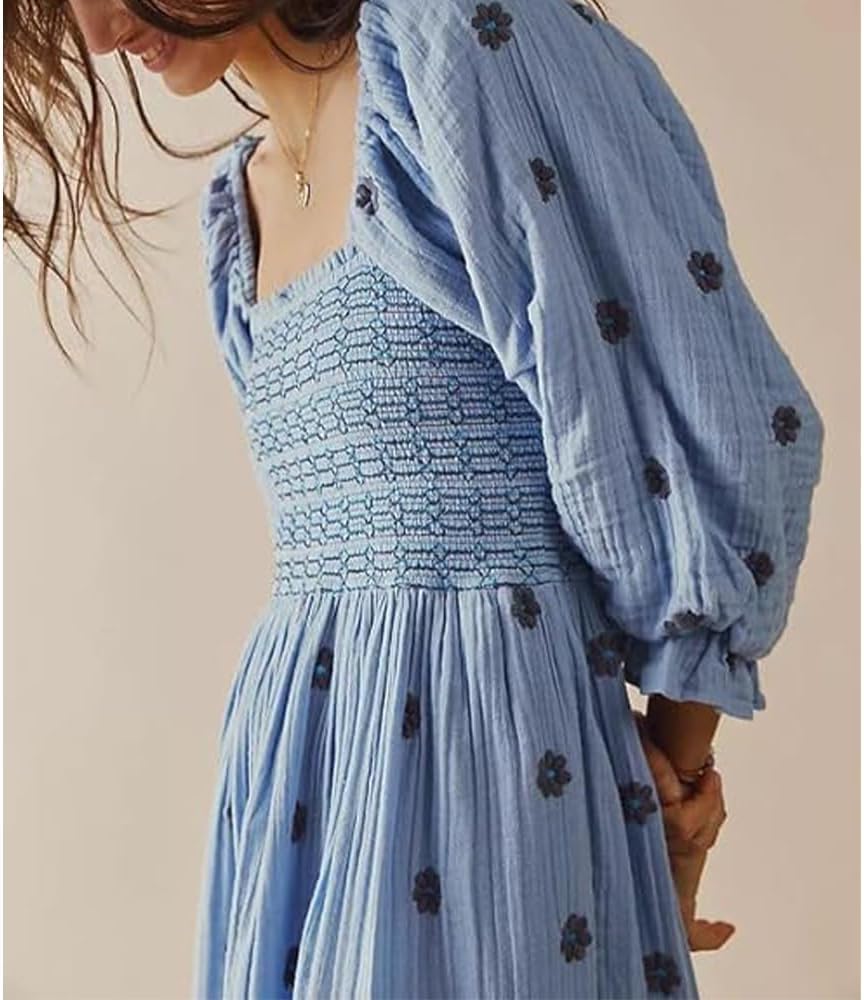 Women Floral Embroidered Maxi Dress Long Puff Sleeve Square Neck Bohemian Flowy Dress with Pockets Summer Fall