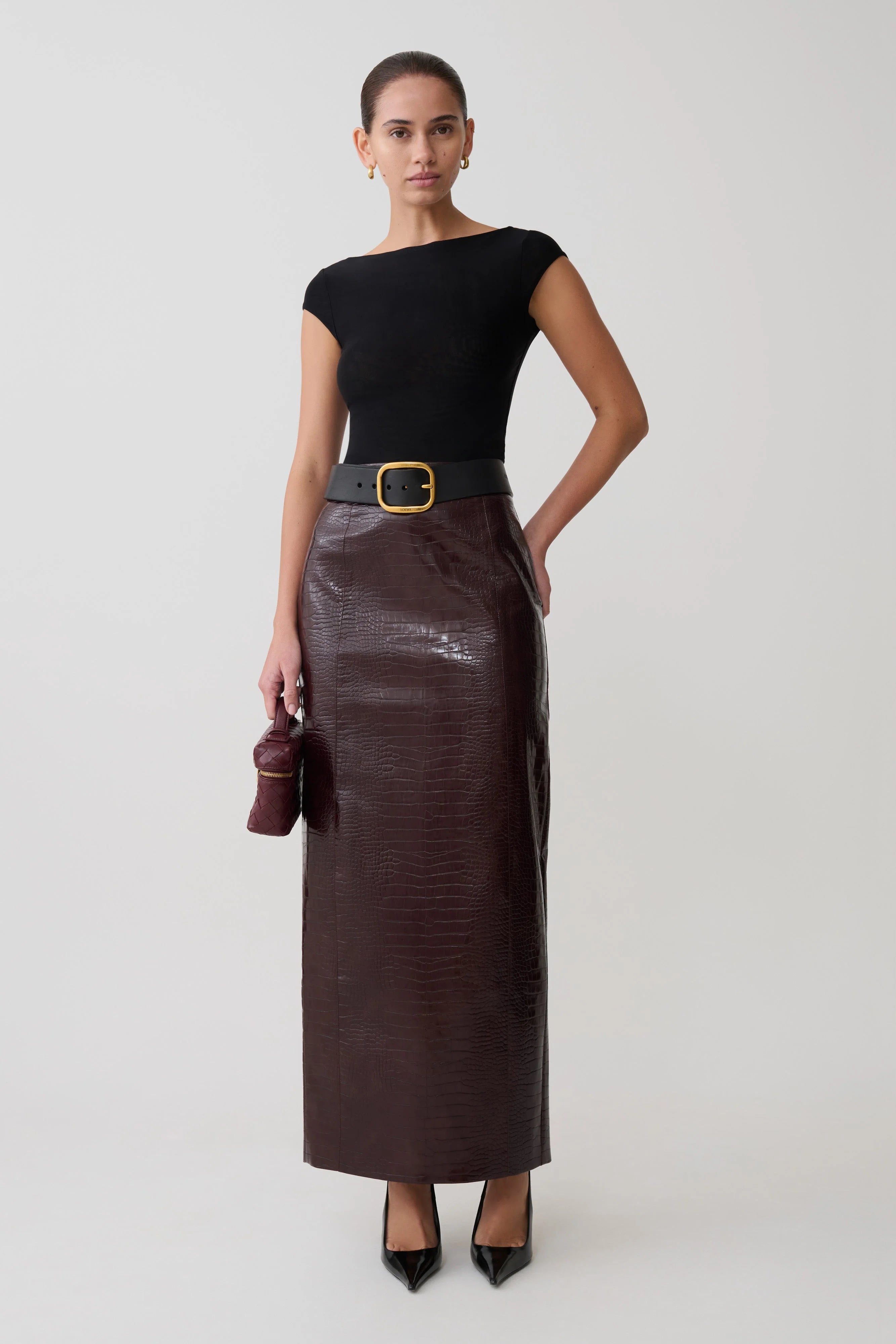 Thalia Croc Faux Leather Midi Skirt Merlot