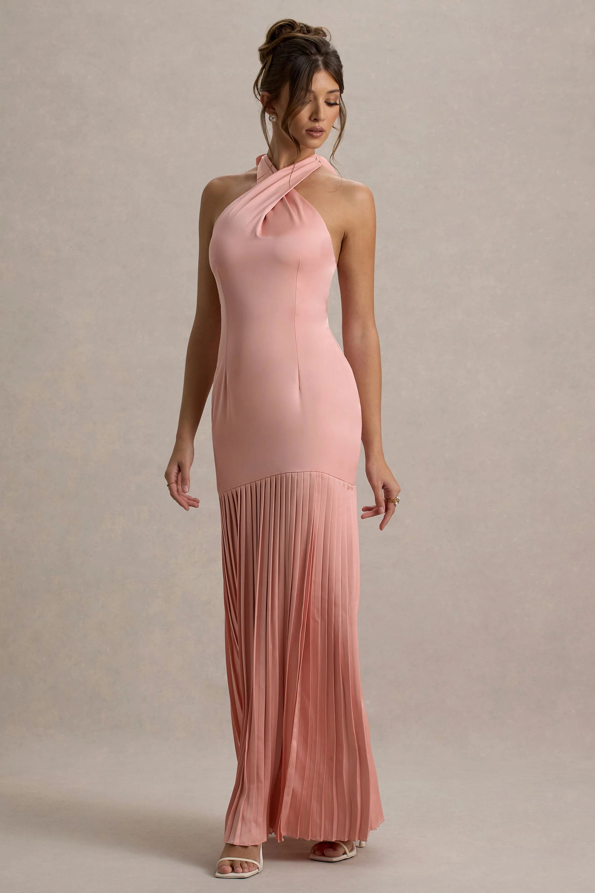 Sansa Light Pink Satin Cross Halter Neck Plisse Maxi Dress