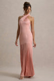 Sansa Light Pink Satin Cross Halter Neck Plisse Maxi Dress