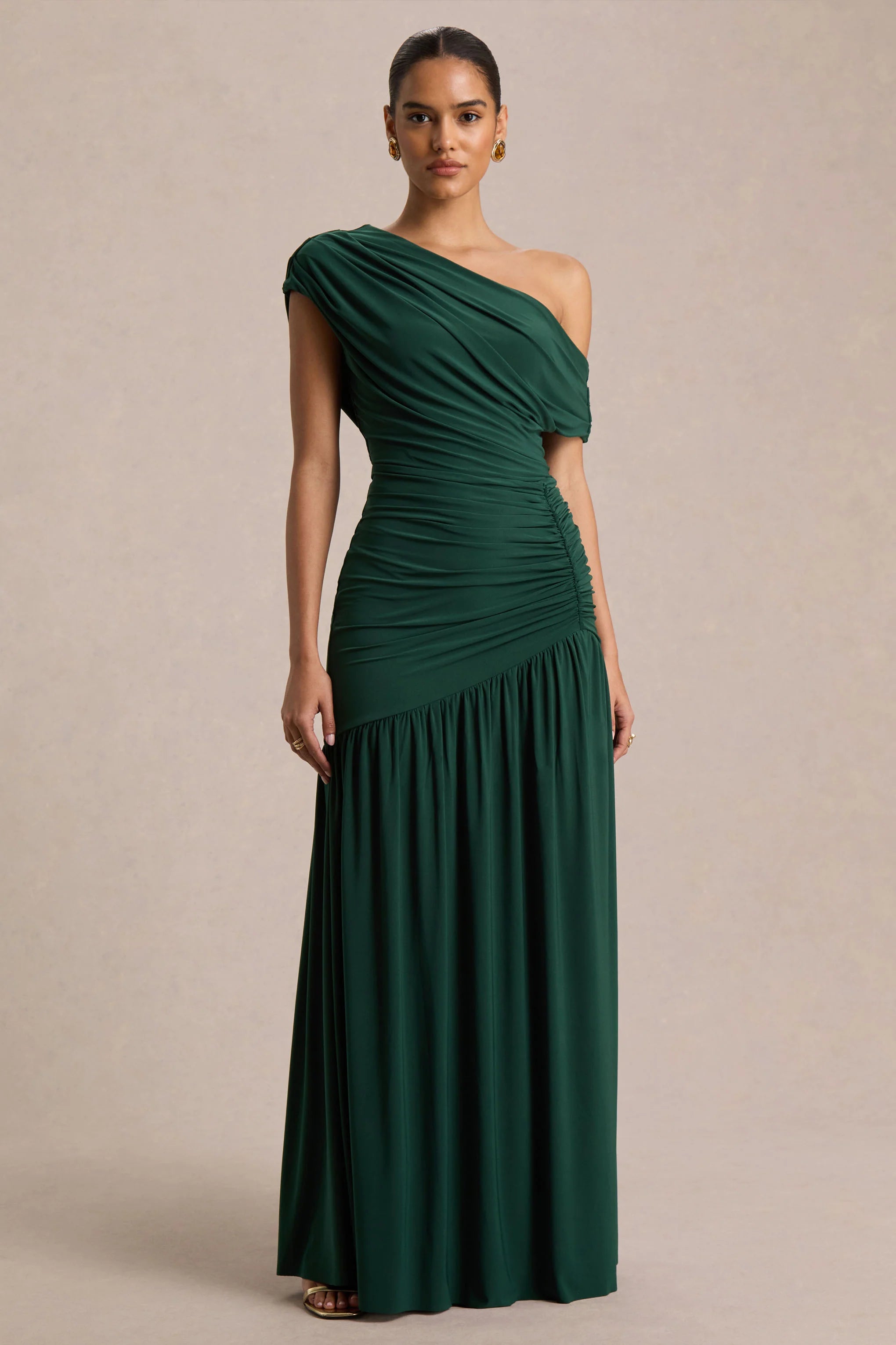 Kady Dark Green Asymmetric Neck Maxi Dress With Ruched Detailing