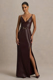 Lila Burgundy Faux Leather Plunge Neck Maxi Dress With Split