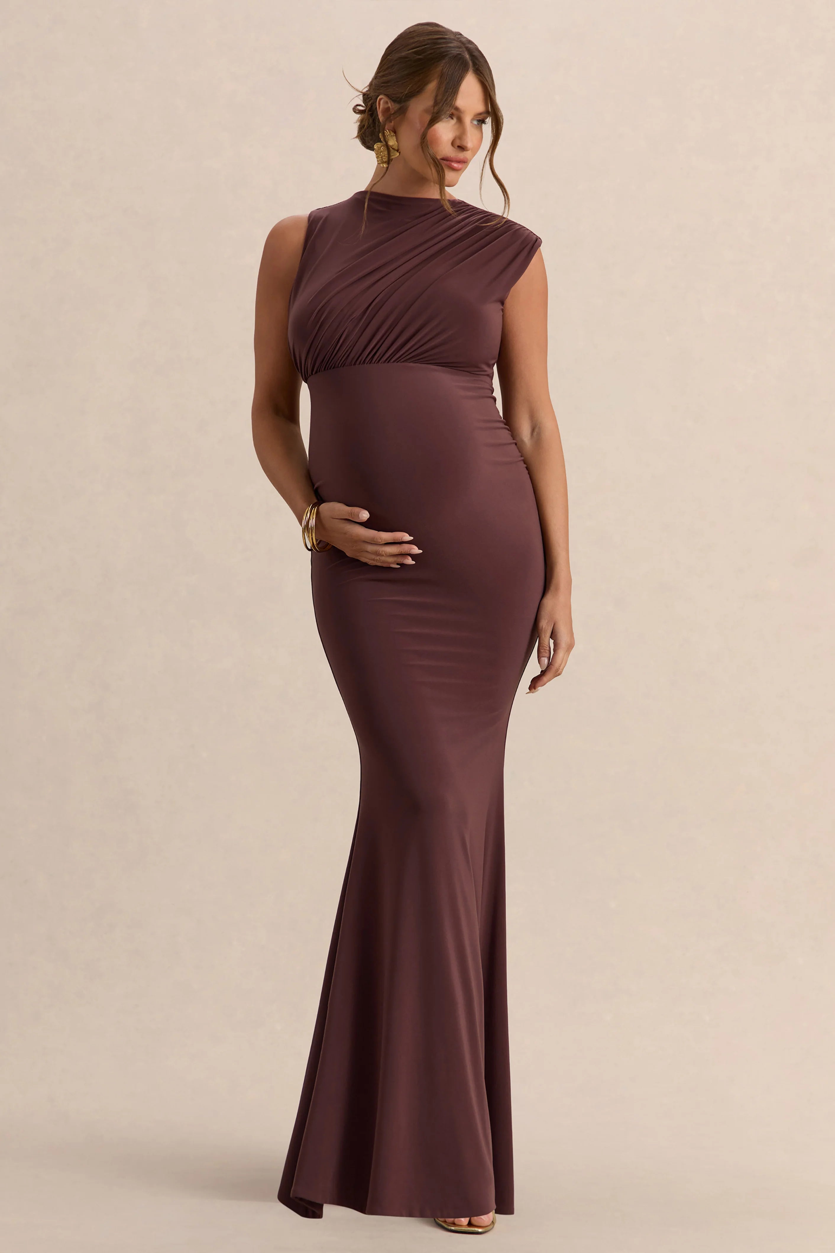 Osanna Dark Brown Wide Neck Maternity Maxi Dress With Ruched Detailing