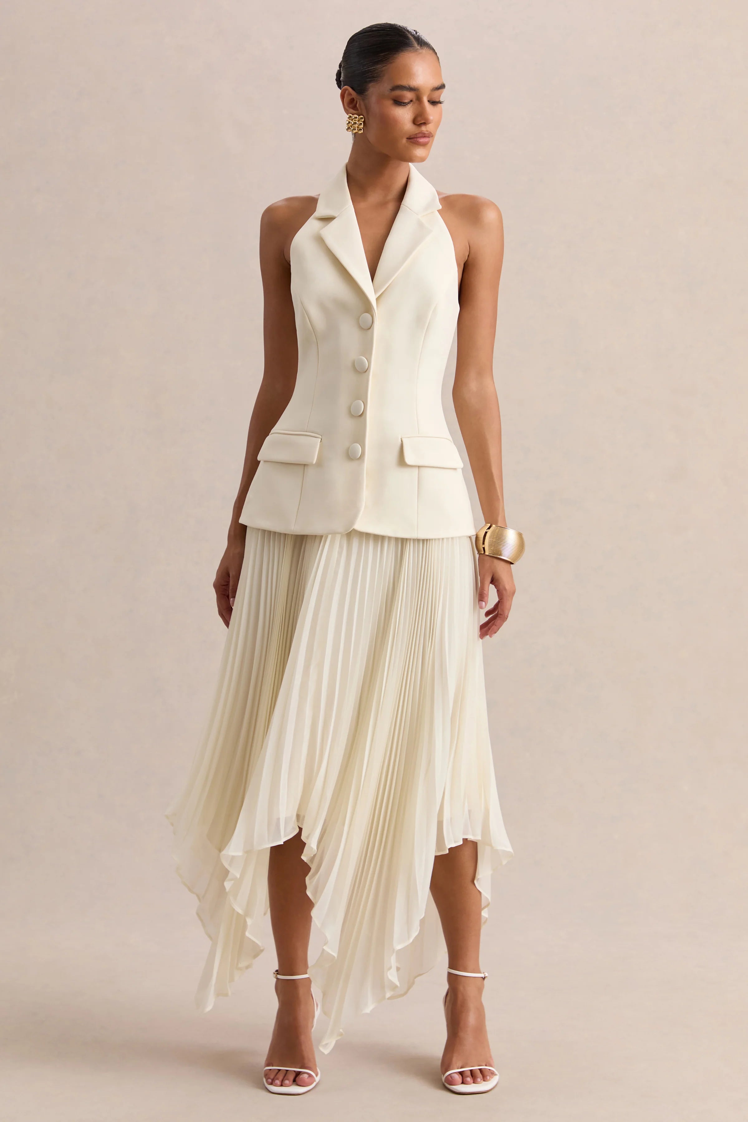 Marvelle Cream Plunge Neck Maxi Dress With Hanky Hem