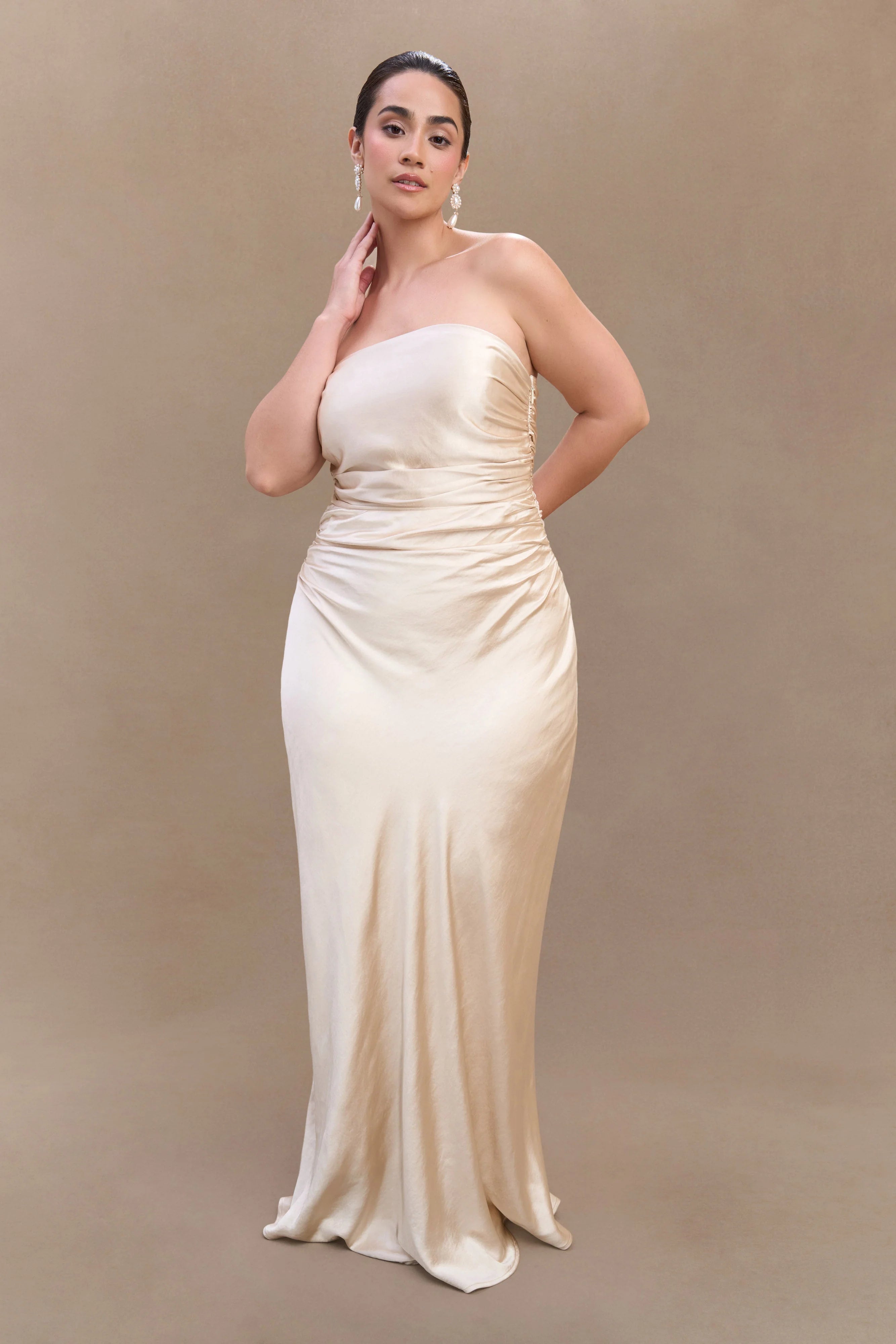 Cedar Strapless Satin Maxi Dress Blush Gold