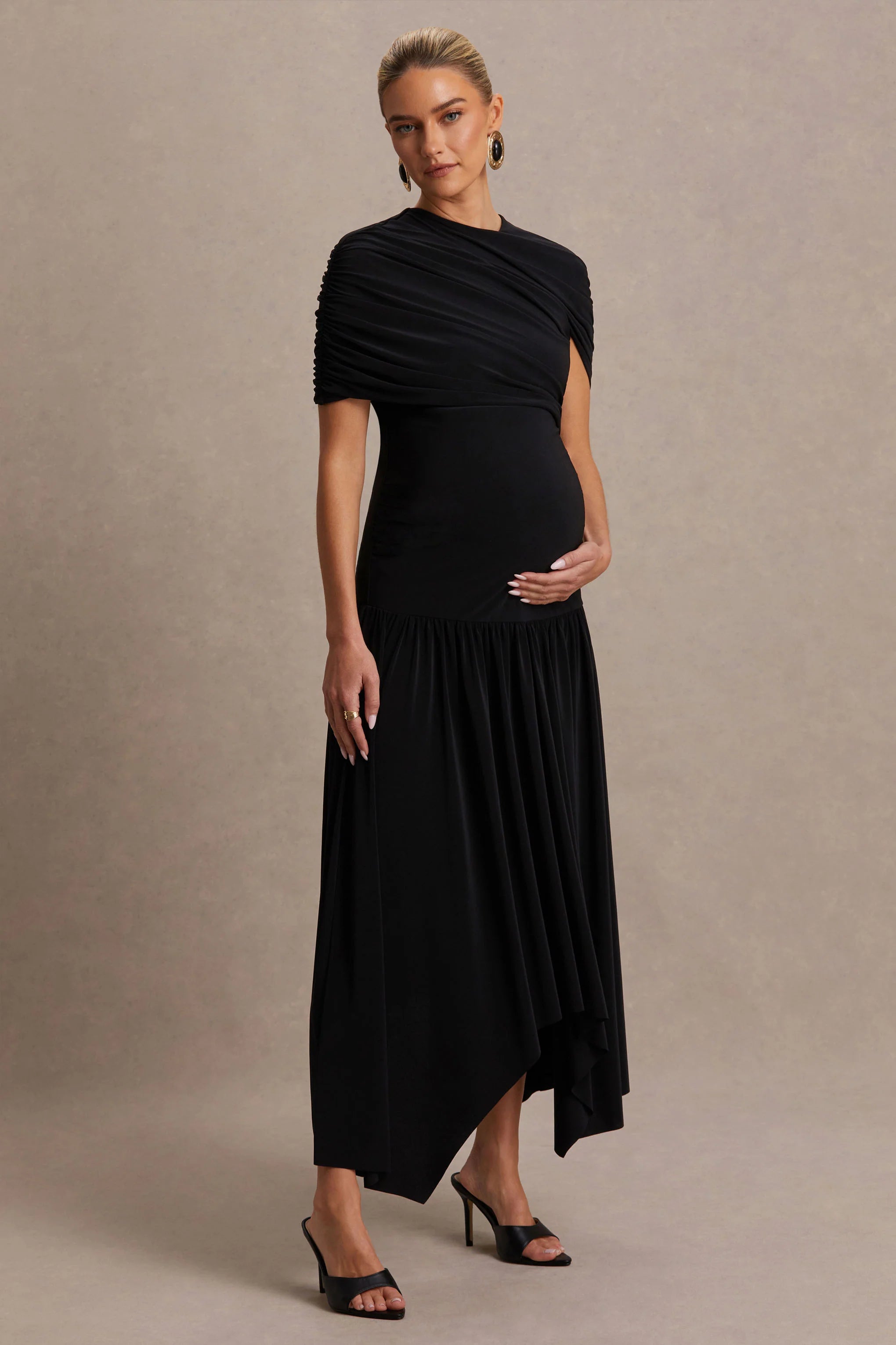Eleni Black Crew Neck Maternity Maxi Dress With Cape Sleeves And Drop Waist