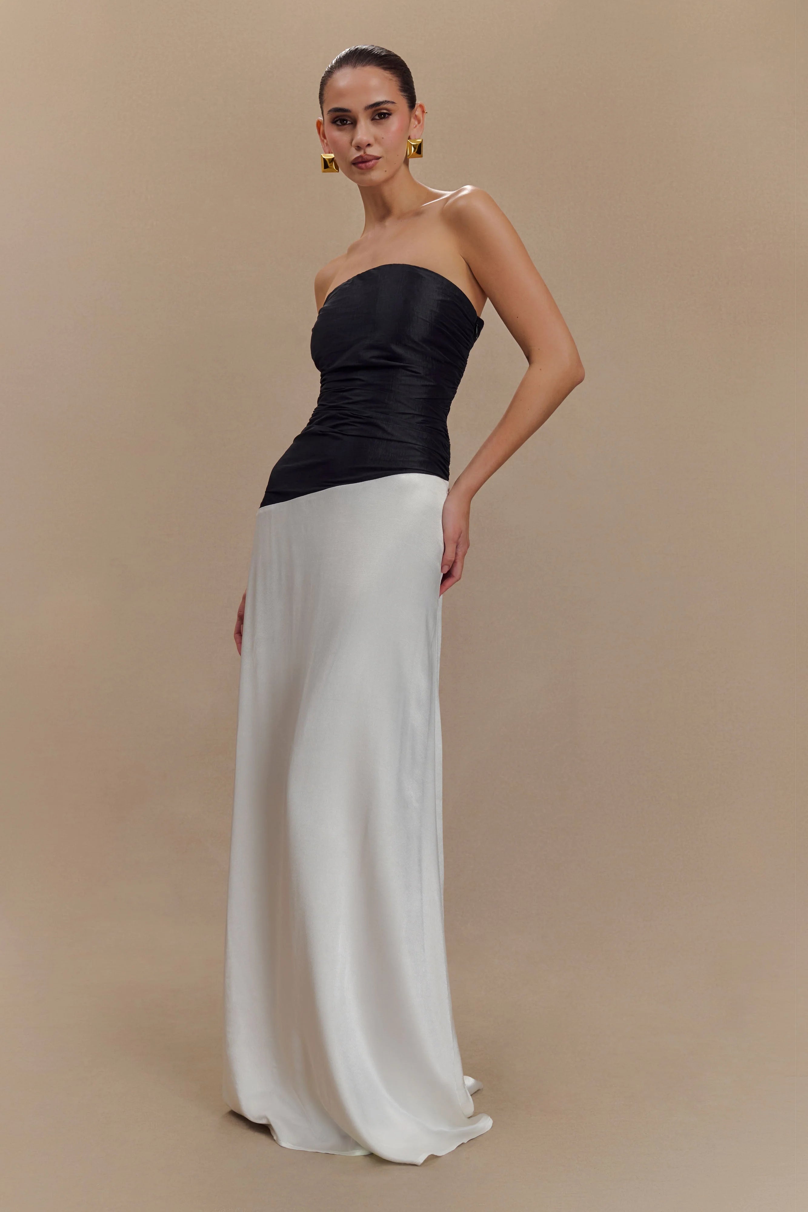 Serena Strapless Taffeta Maxi Dress White Black